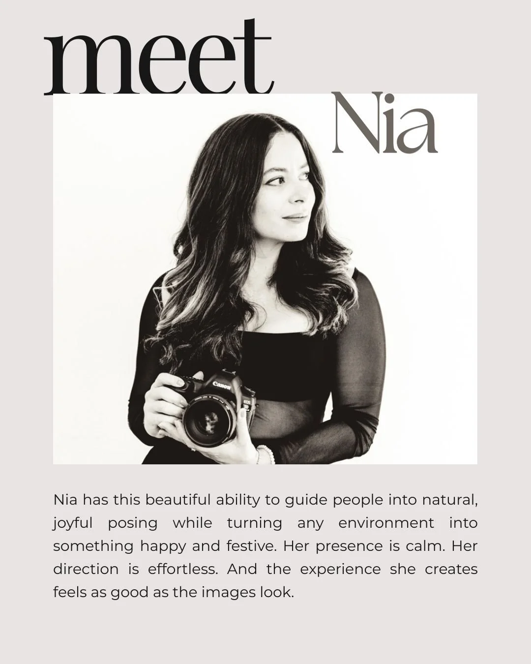 She doesn&rsquo;t just photograph weddings.
She creates atmosphere.

Nia has this beautiful ability to guide people into natural, joyful posing while turning any environment into something happy and festive. Her presence is calm. Her direction is eff
