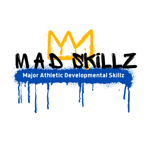 Graffiti-style logo with a yellow crown and black outline, featuring a blue paint splash with the text "Major Athletic Developmental Skillz" written inside.