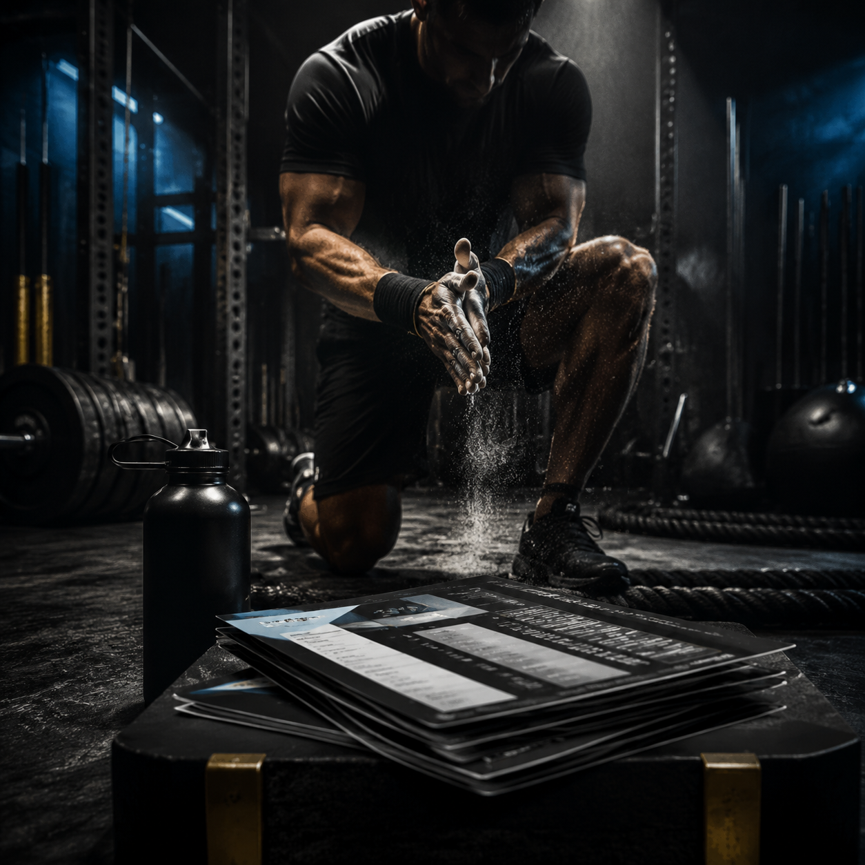 Athlete preparing to train beside a curated stack of M.A.D. SKILLZ program guides.
