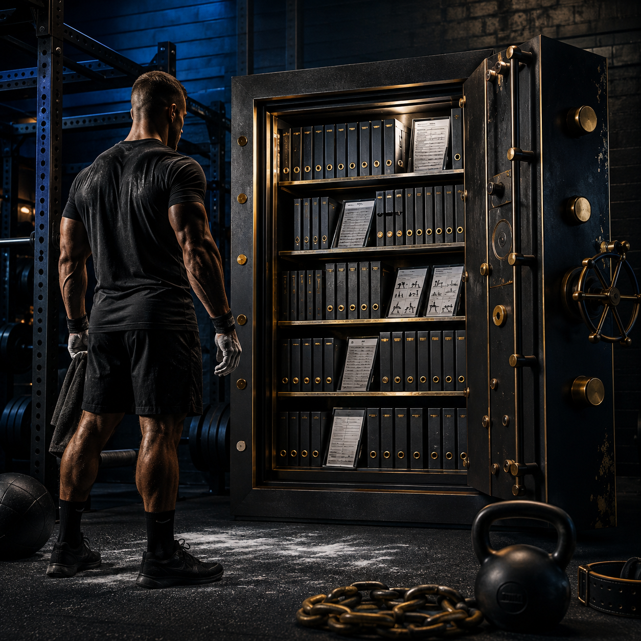 Athlete facing an open training vault filled with M.A.D. SKILLZ program guides.