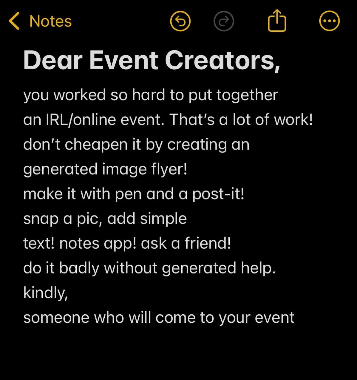 no shame here, it&rsquo;s just been on my mind.  I&rsquo;ve used chatbots for things at times too, (didn&rsquo;t inhale) but I hope to see more bad art, messy writing, more interesting things done by people, I think this will create really unique thi