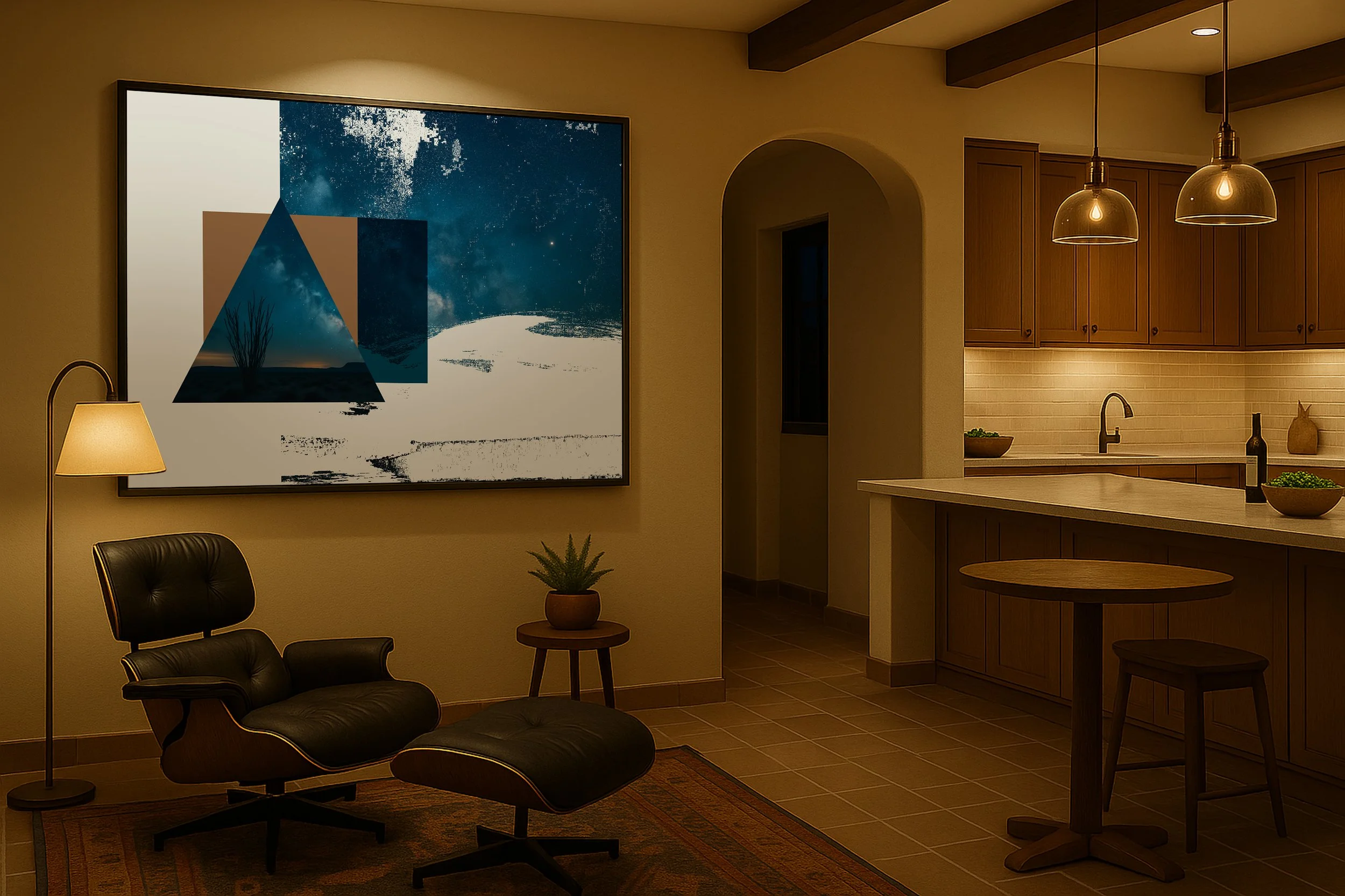 Framed abstract desert nightscape in warm modern kitchen-living space, with triangle and square design elements under a starry sky.