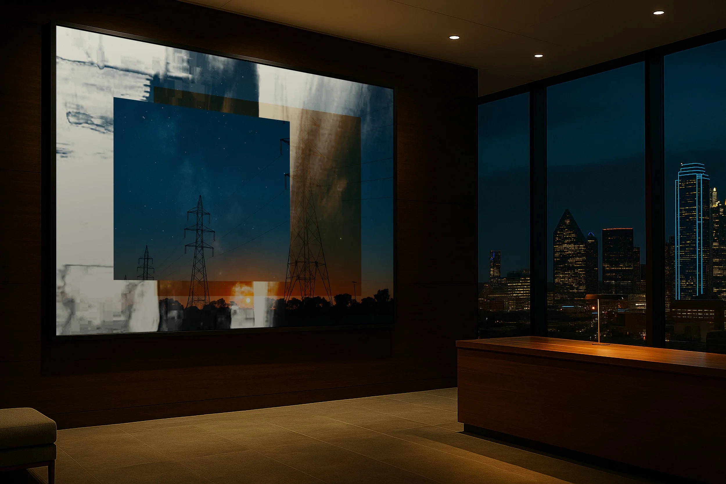 Framed abstract night landscape with power lines in a high-rise law office, overlooking the Dallas skyline.