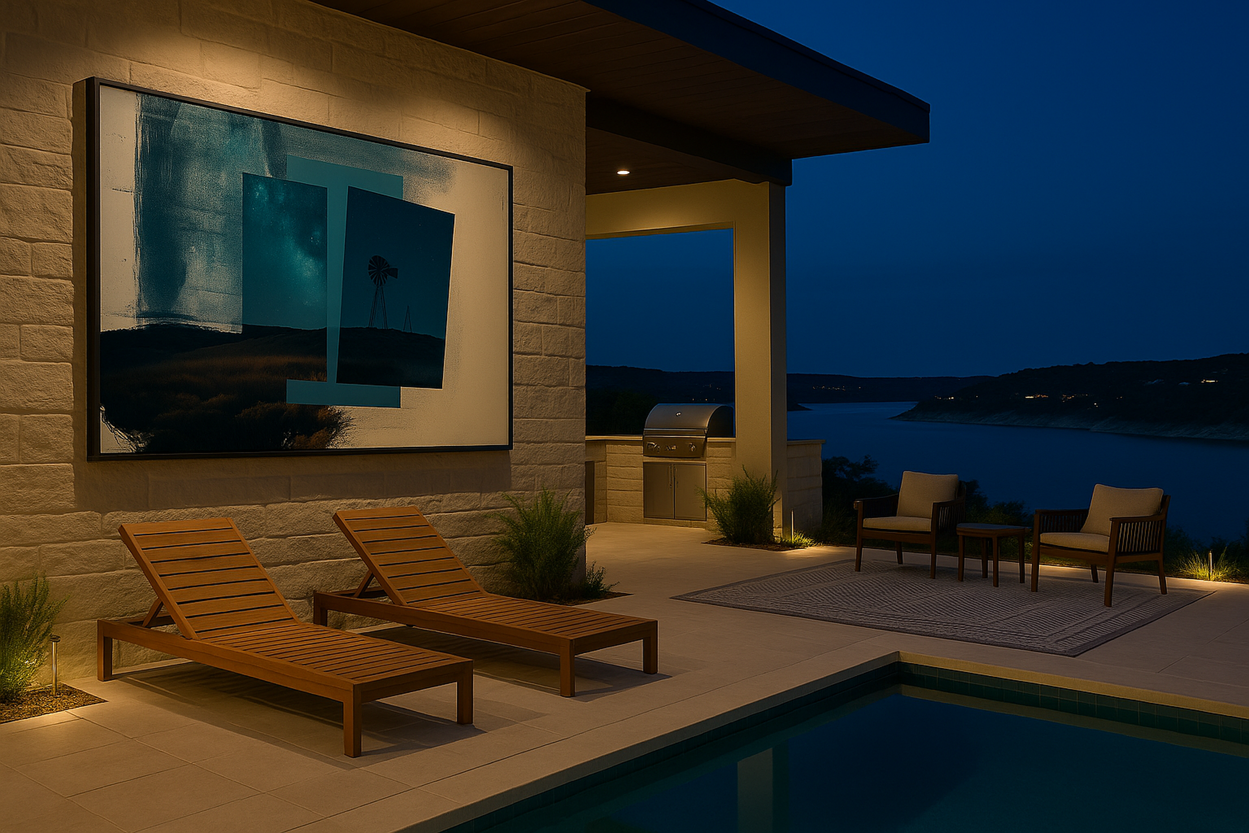 Modern outdoor poolside patio at dusk featuring framed West Texas-inspired abstract artwork with a windmill silhouette.