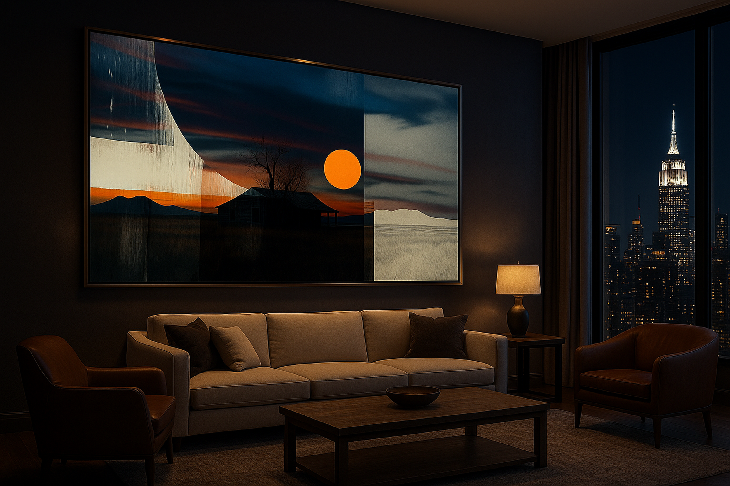 Large abstract artwork in modern law office with city skyline view at night, featuring transmission towers, sunset, and layered brush textures.