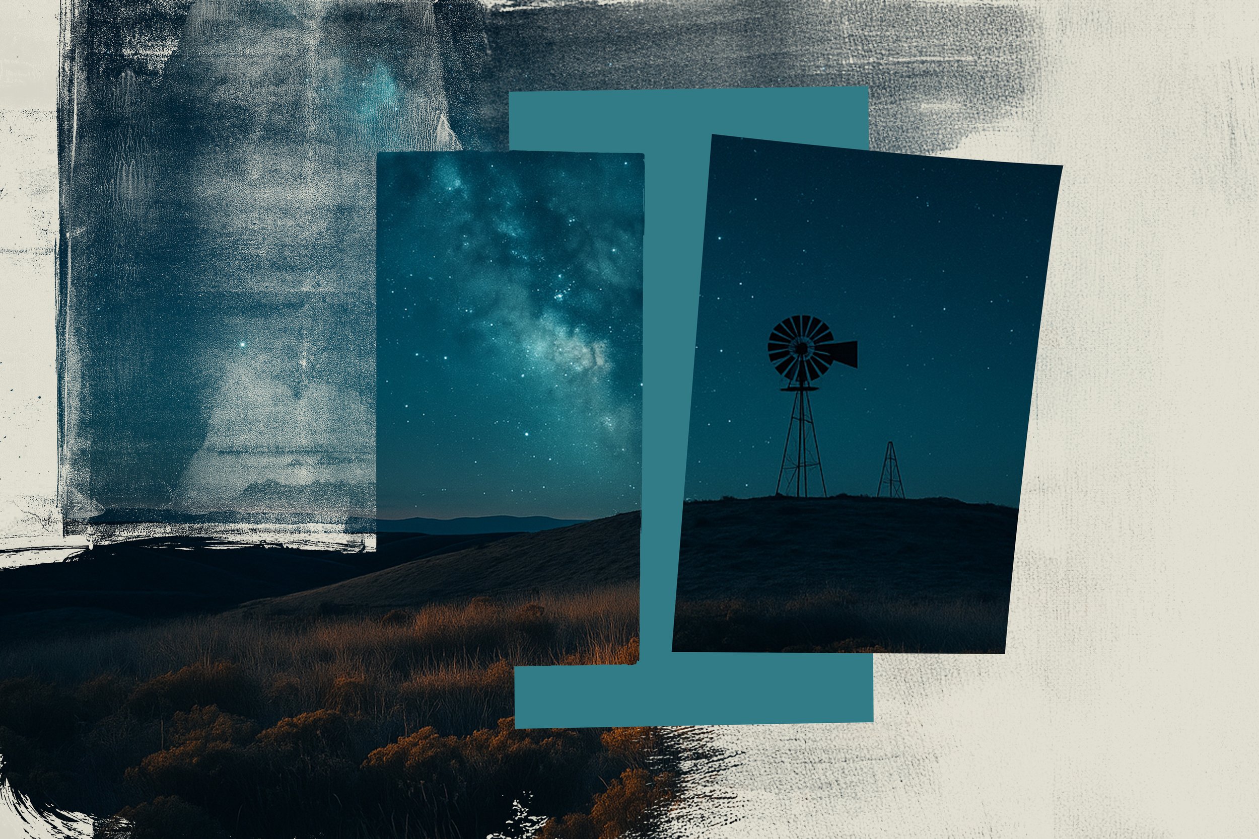 Surreal West Texas nightscape collage featuring a windmill silhouette, starlit Milky Way sky, and layered textures in teal and cream tones.