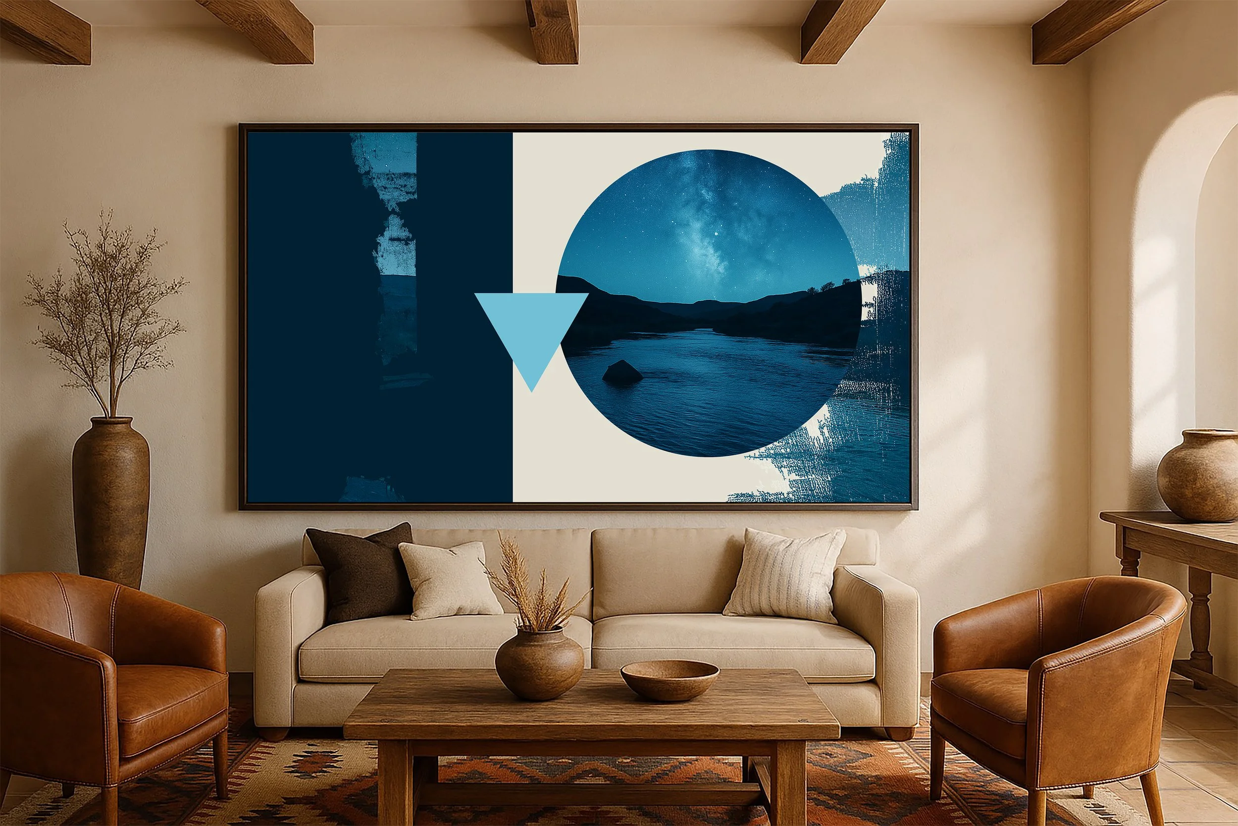 Large framed abstract artwork in modern Southwestern living room, featuring a night sky, blue river, circle, and triangle arrow motif.