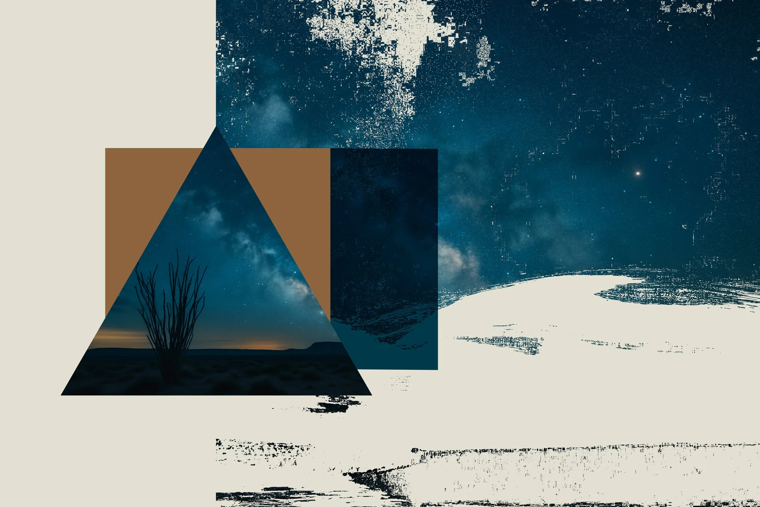 Abstract digital collage featuring a night sky with stars and Milky Way, a silhouetted desert landscape with a lone tree, and geometric shapes in beige, brown, and dark blue.