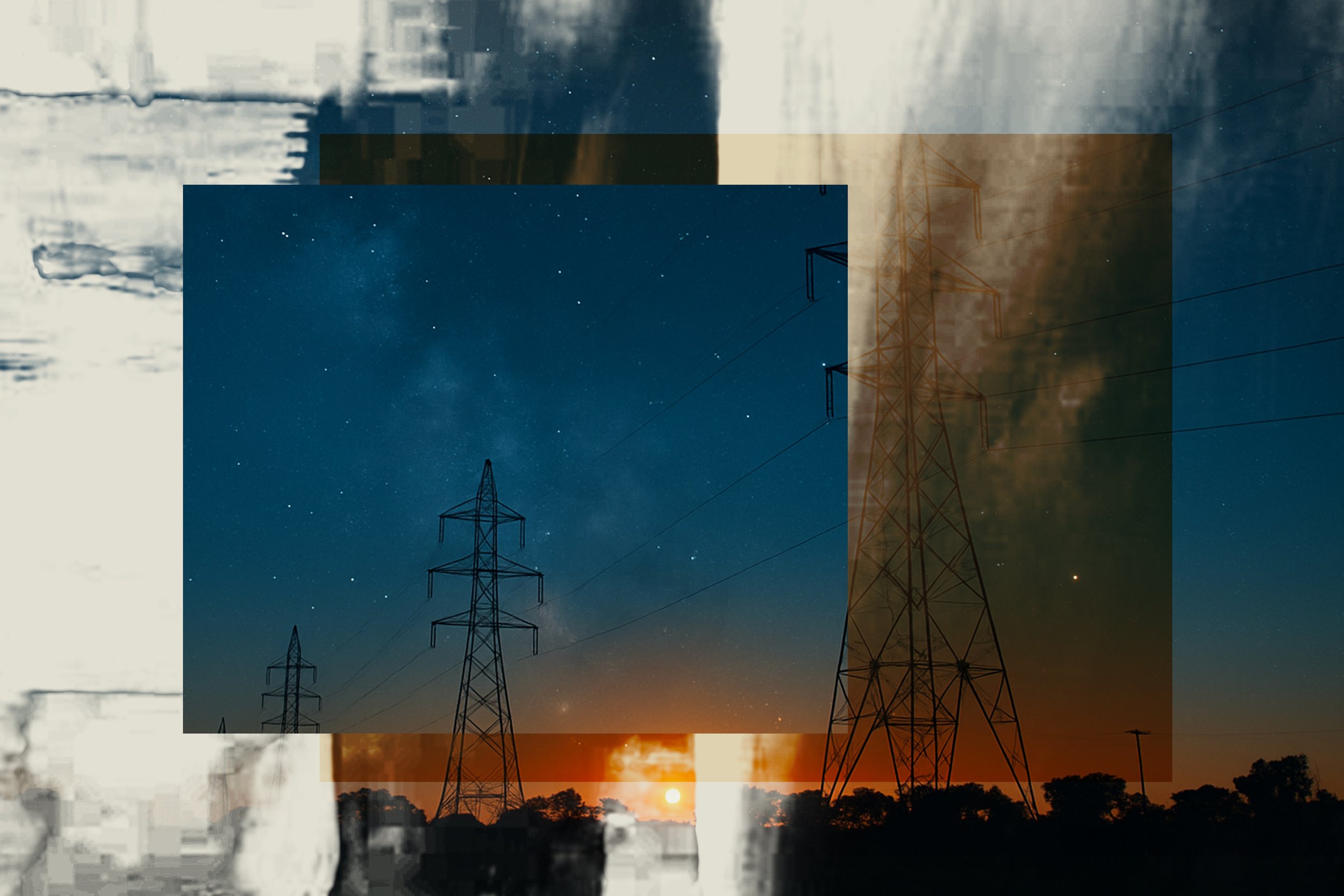 Modern outdoor poolside patio at dusk featuring framed West Texas-inspired abstract artwork with a windmill silhouette.