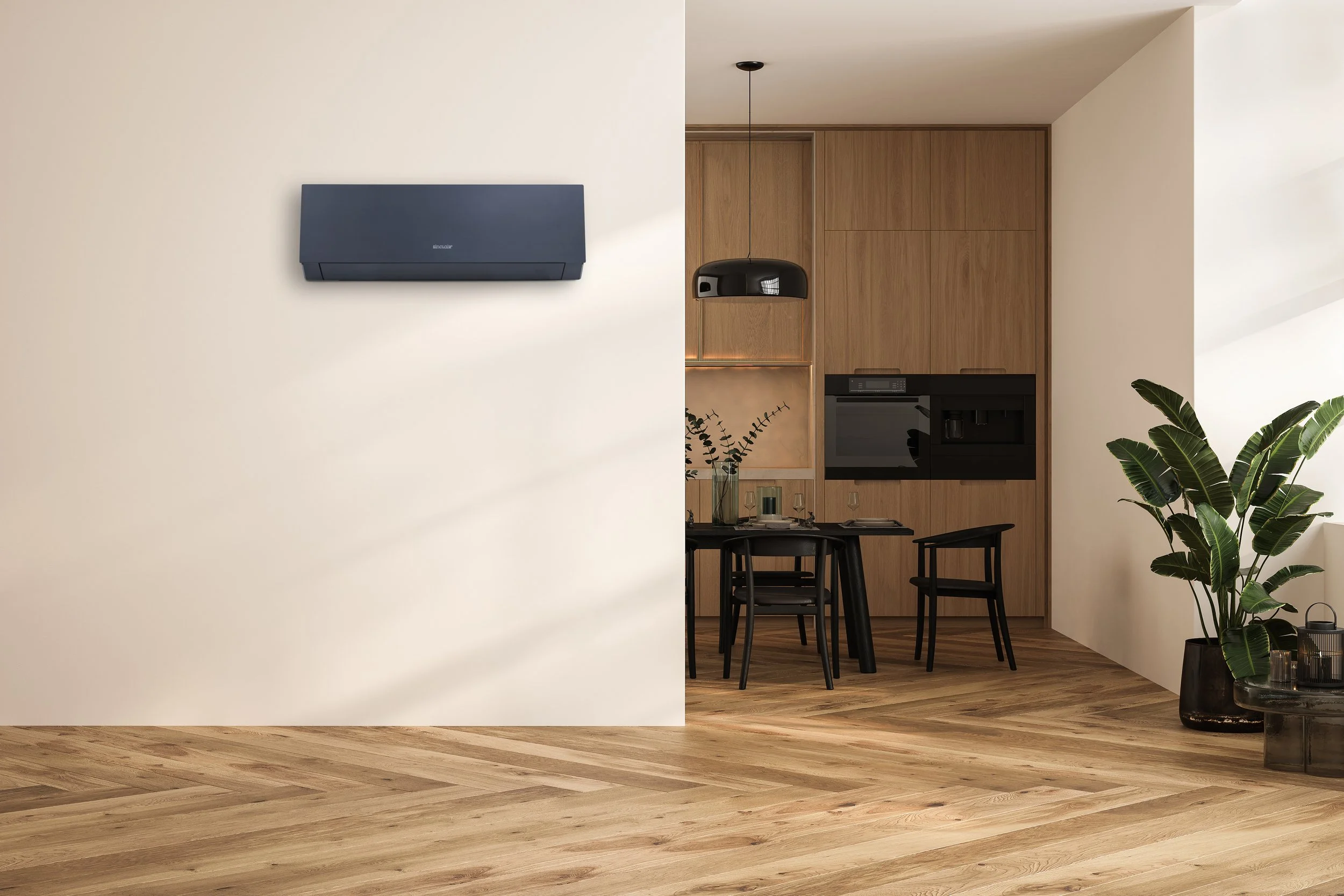 Minimalistischer Wohnraum mit Wandklimaanlage, Esstisch und Holzverkleidung, Zimmerpflanze und modernen Möbeln.
