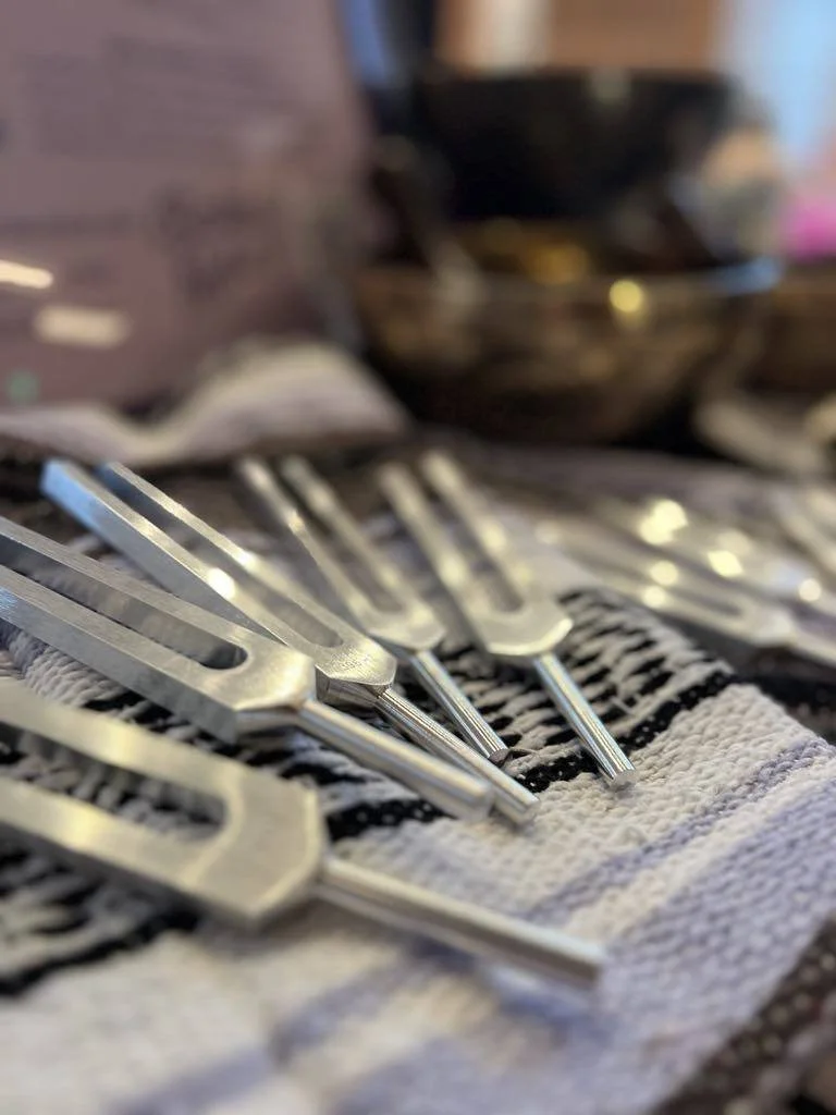 A collection of tuning forks on a table with a window and tree in the background.