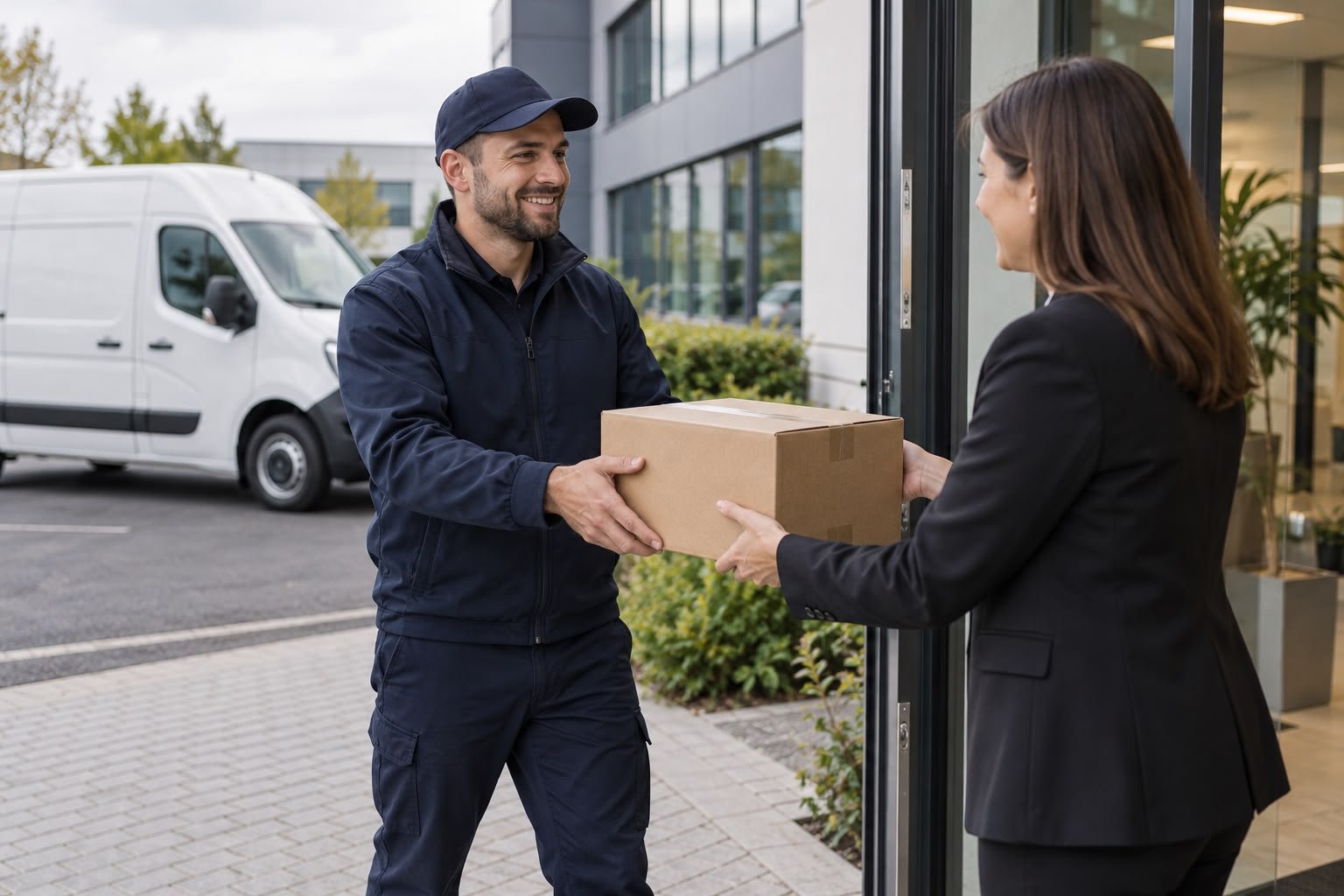 A delivery person handing a cardboard box to a woman at the entrance of a building.