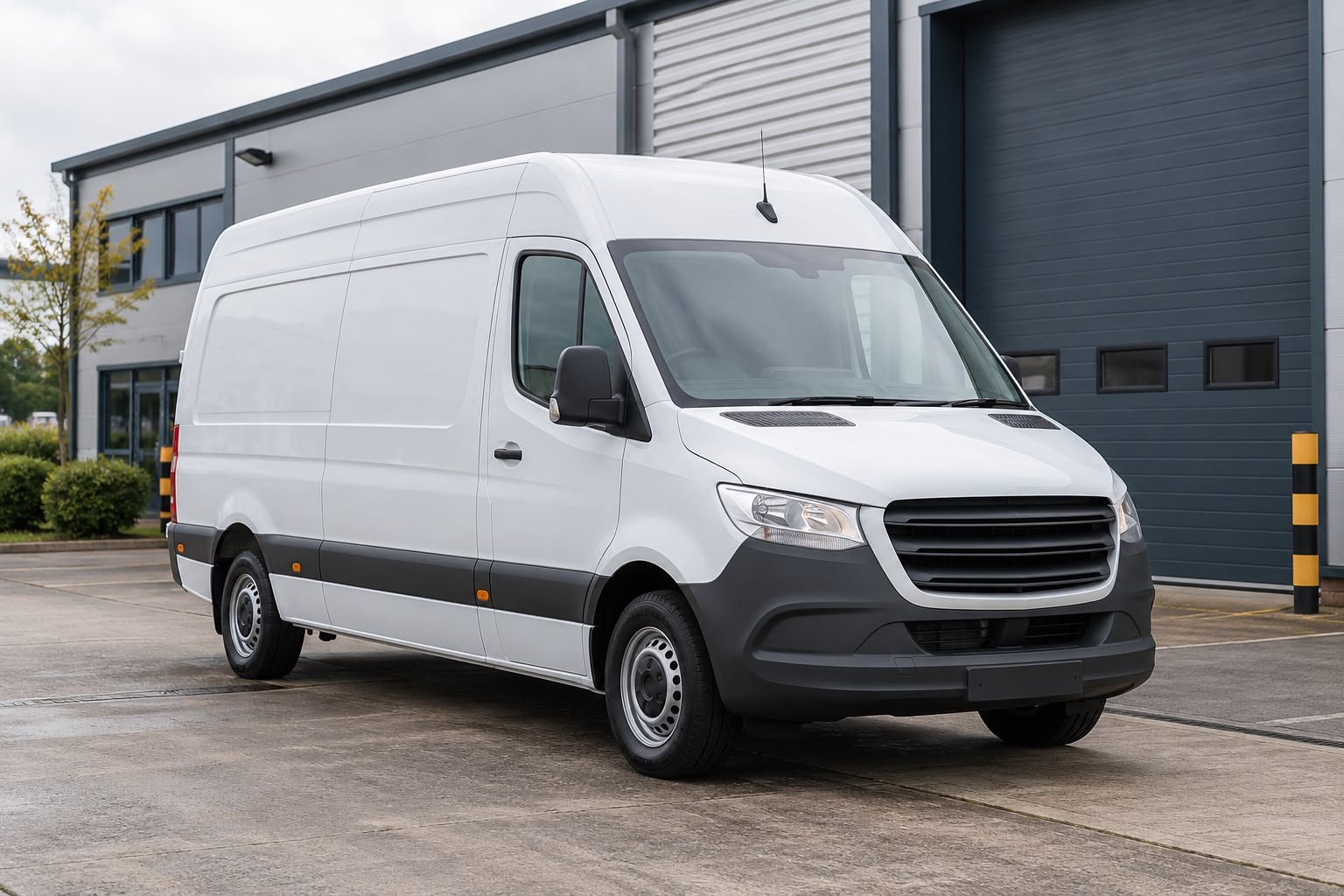 A white cargo van parked in front of a modern industrial building with gray walls and large garage doors.