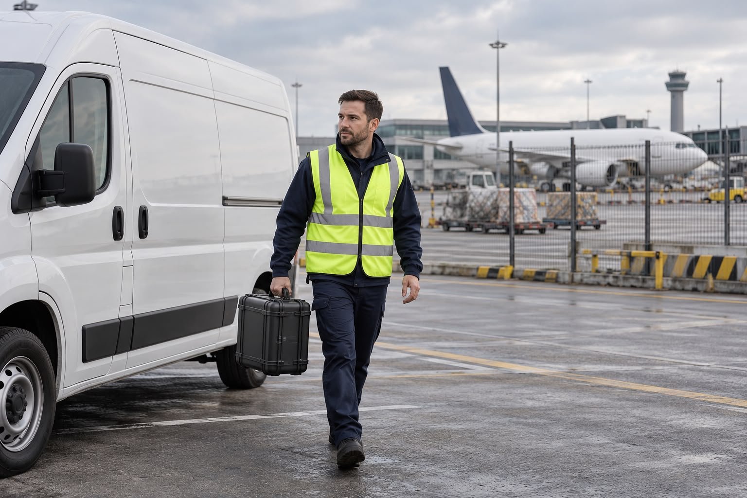 Man in a yellow reflective vest walking at an airport tarmac, carrying a black briefcase near a white cargo van, with airplanes and airport infrastructure in the background.