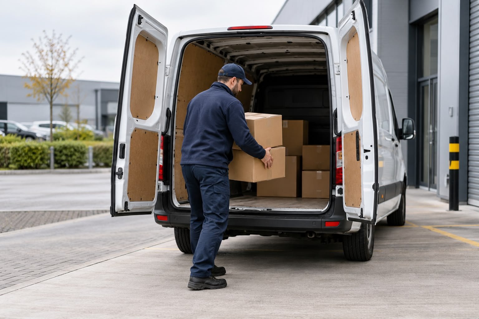A delivery person loading cardboard boxes into the back of a white delivery van outside a modern building.