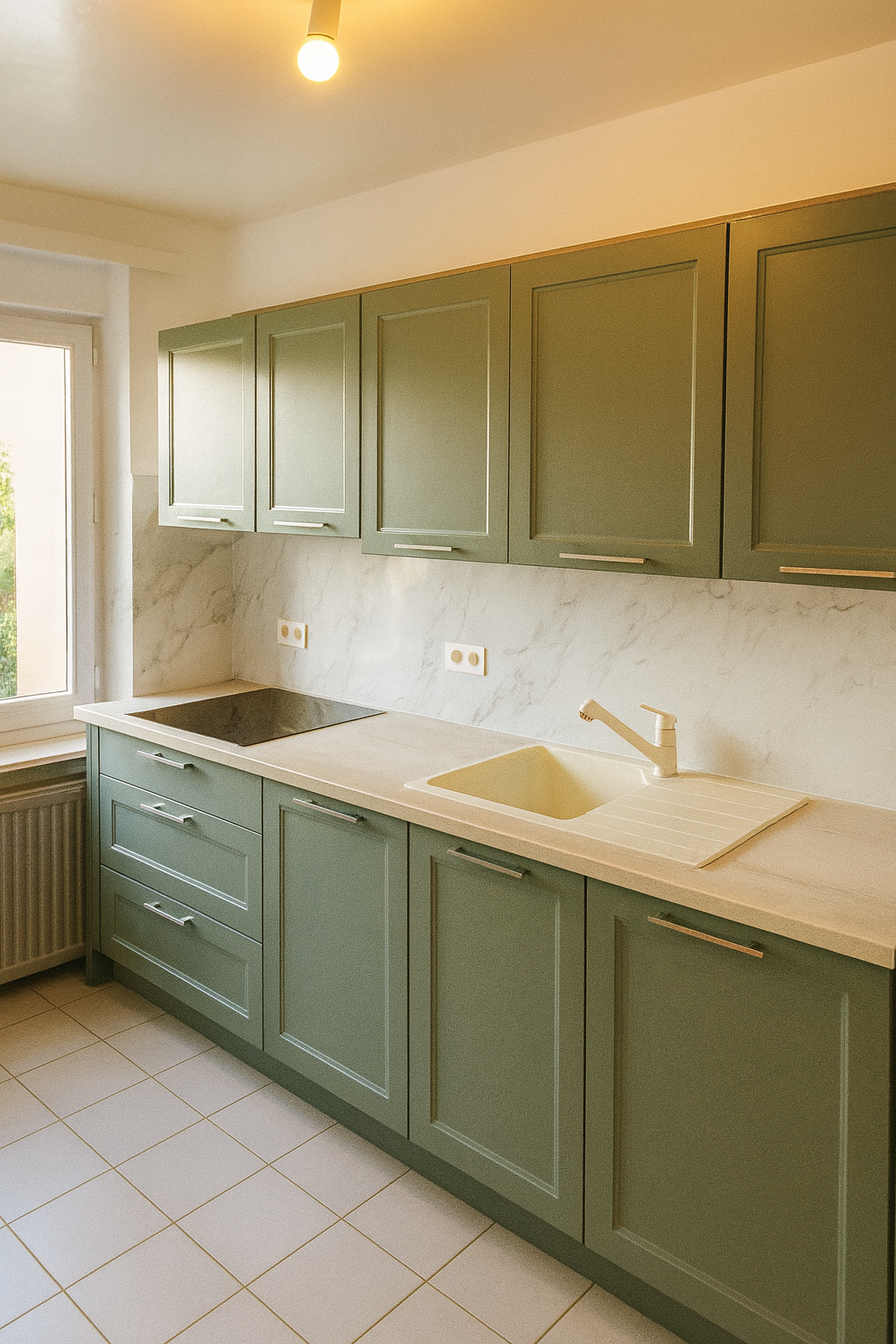 Cuisine verte élégante : Cuisine aux façades vert olive et plan de travail clair, combinant originalité et raffinement.