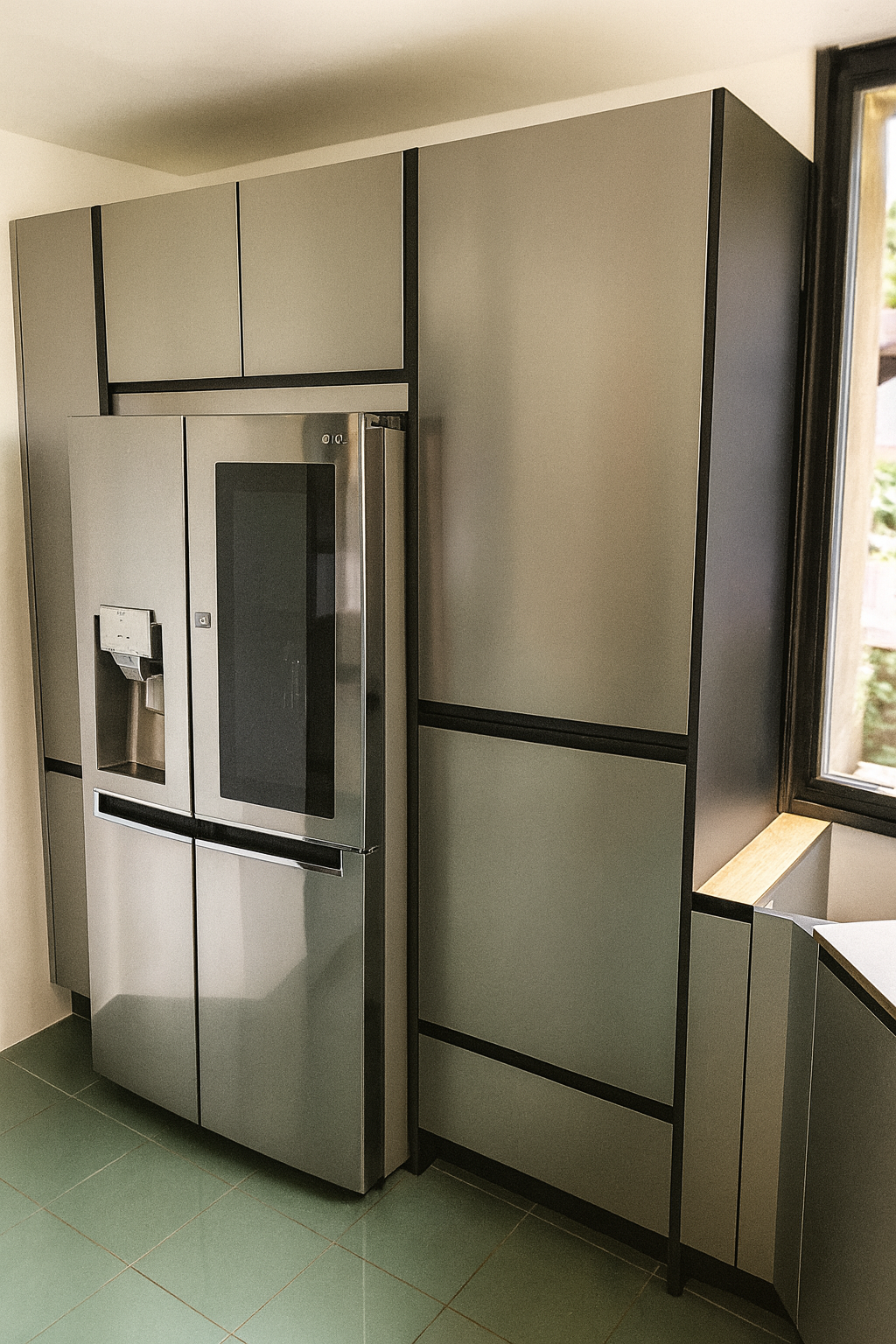 Cuisine moderne avec réfrigérateur américain encastré : Un grand réfrigérateur inox avec distributeur d’eau et de glaçons, intégré dans une façade élégante aux lignes géométriques et finitions mates, apportant un style contemporain et fonctionnel.