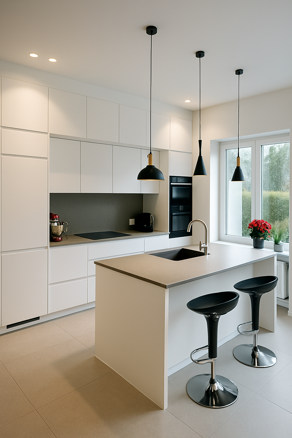 Cuisine contemporaine blanche : Cuisine lumineuse avec îlot central, rangements intégrés et suspensions noires design.