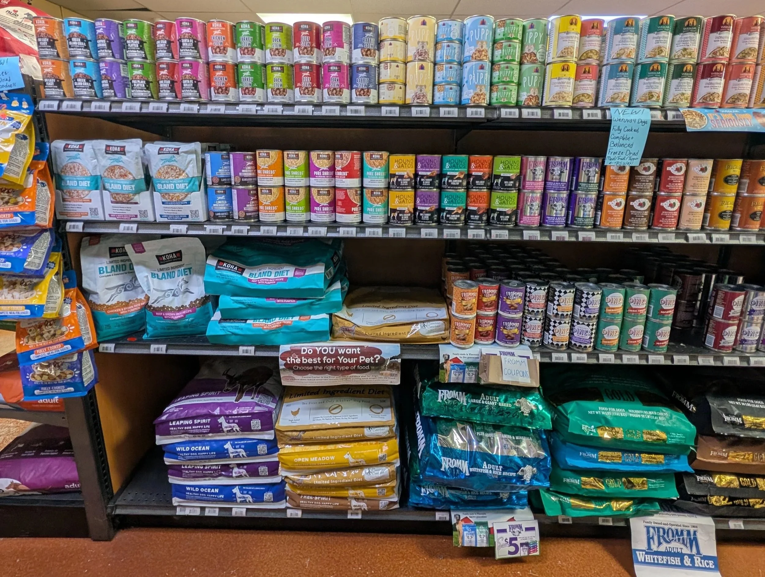 Portland Pet Supply Koha, Canine Caviar, Fromm, Weruva, and Hound and Gato canned and kibble dog food