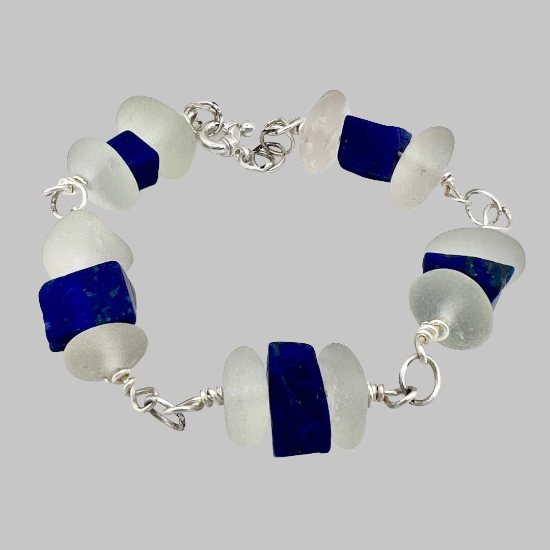 Smooth white Seaglass from Spain paired with Lapis stones bracelet; sterling links