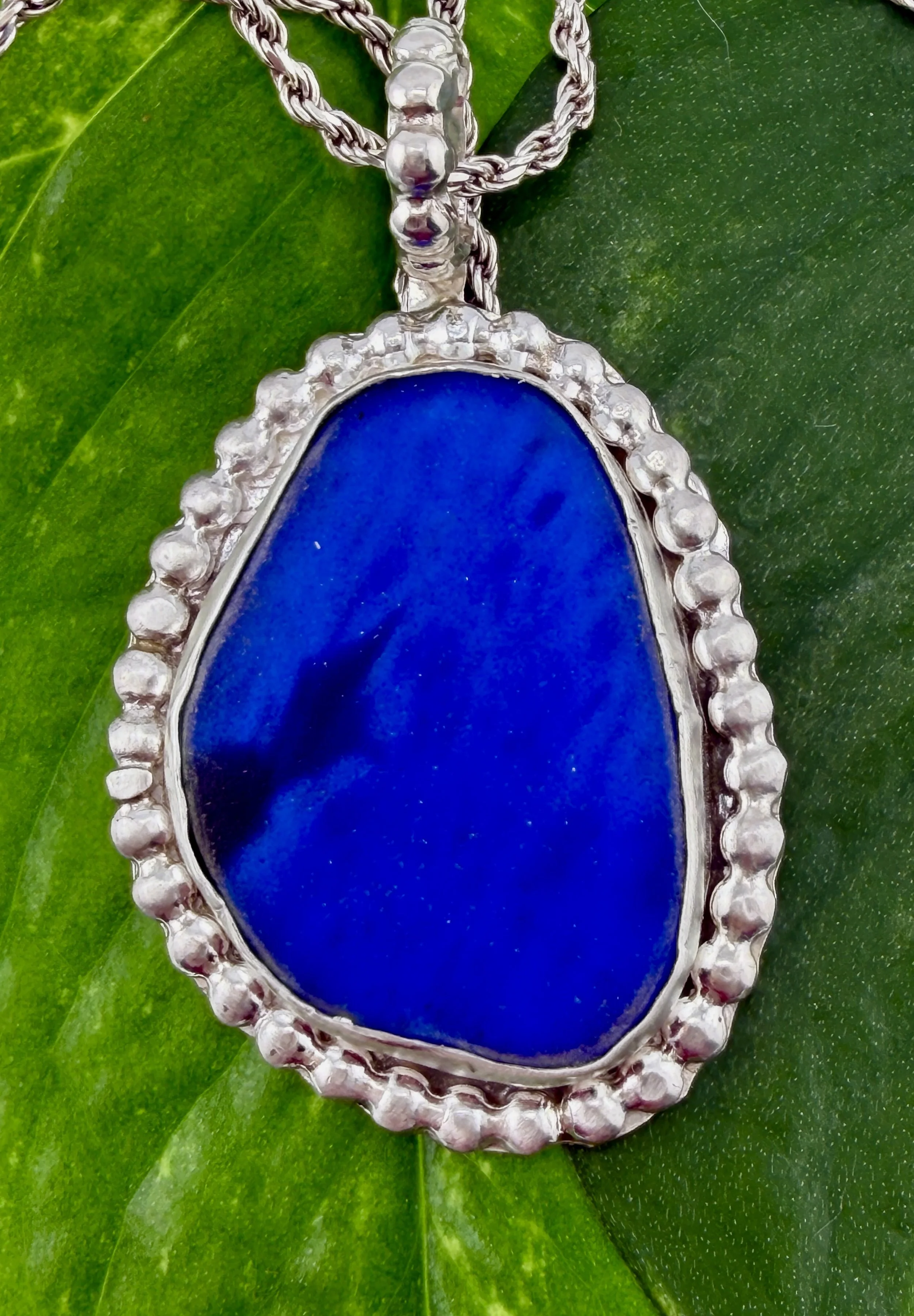 Rich royal blue beaded pendant, Seaglass from Italy