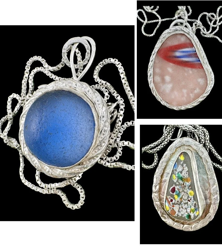 Assortment pendants with Italian Seaglass, sterling and fine silver