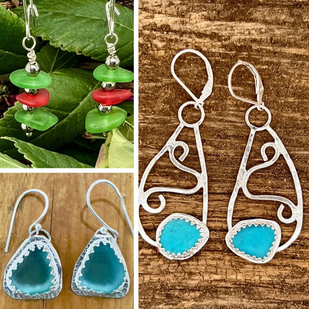 Assortment of earrings featuring various pieces of  Spanish seaglass, fine and sterling silvers