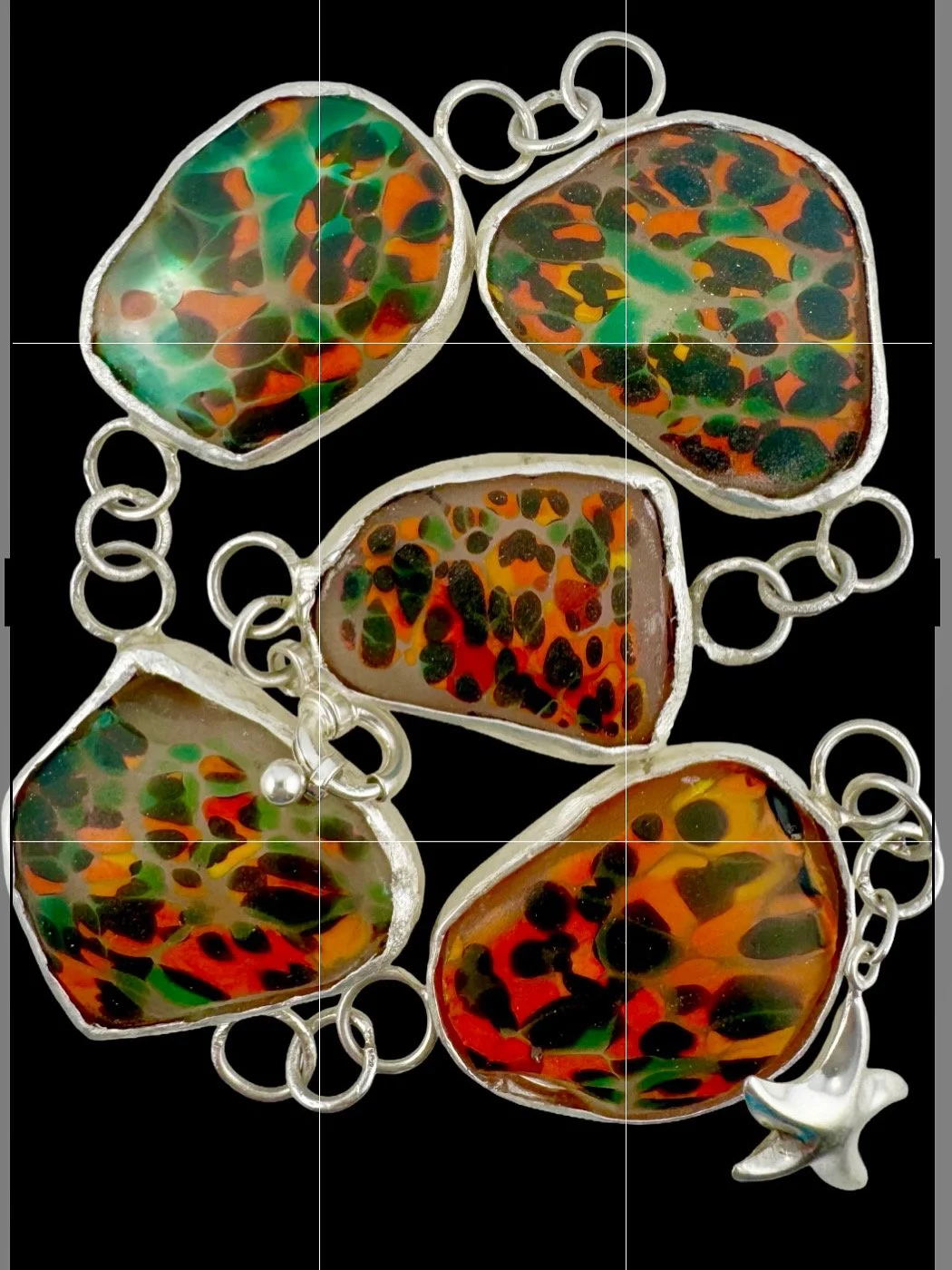 Murano Seaglass Linked Bracelet, Seaglass from Italy, Sterling and Fine Silver