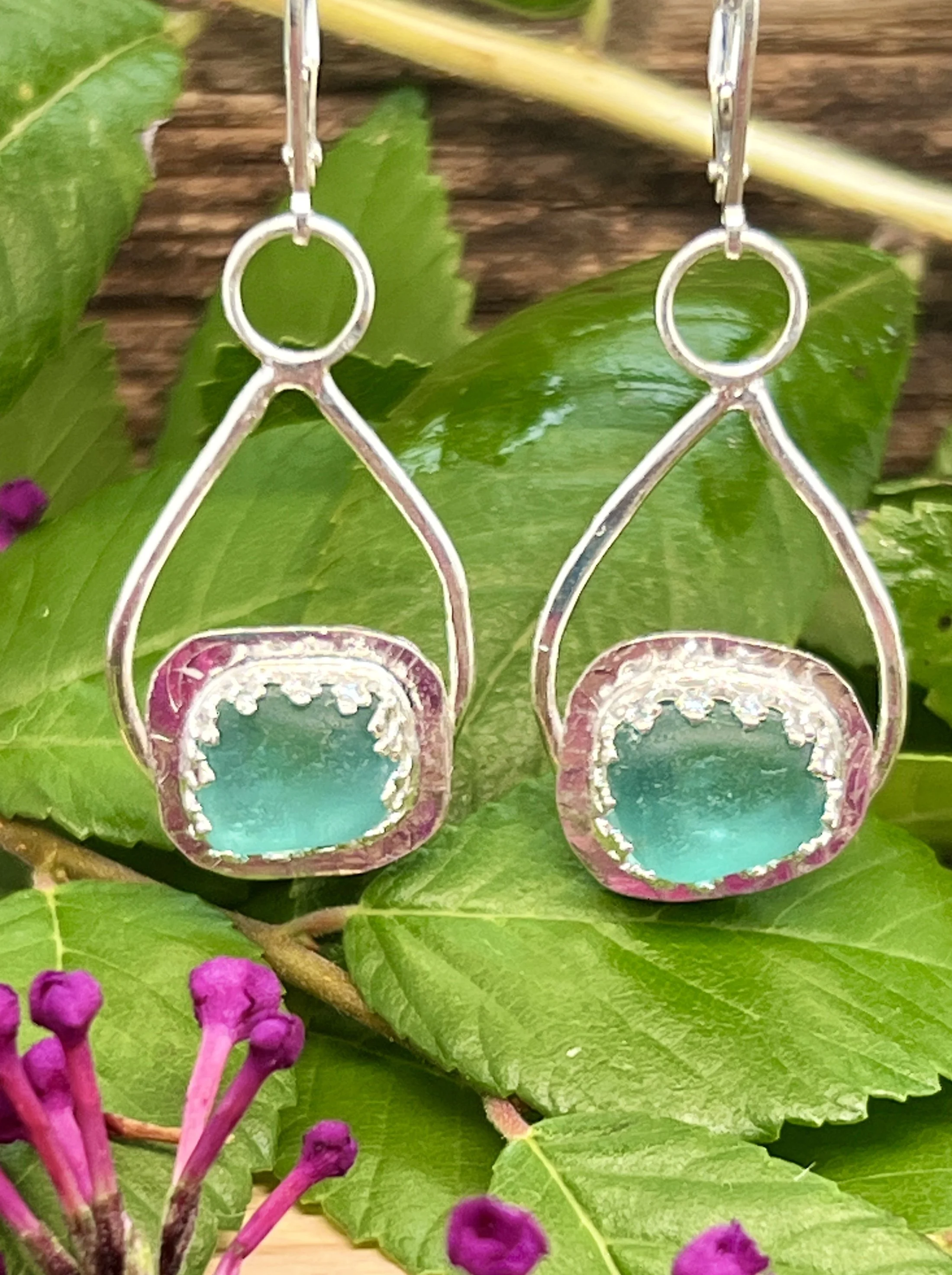 
Seaglass from Spain, fine and sterling metals, leverback earrings
