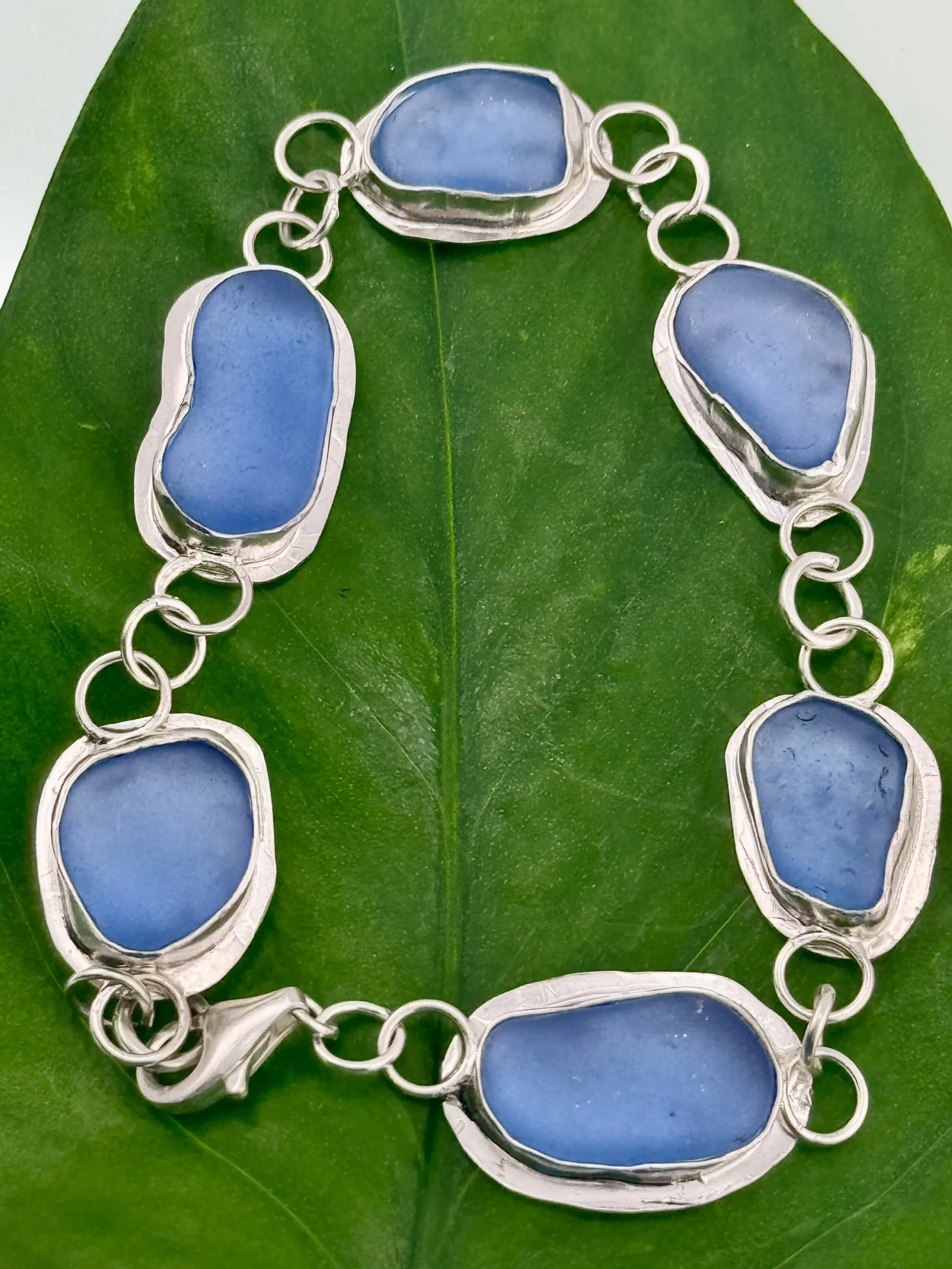 Pretty Cornflower Seaglass fro Spain, sterling and fine silver metals