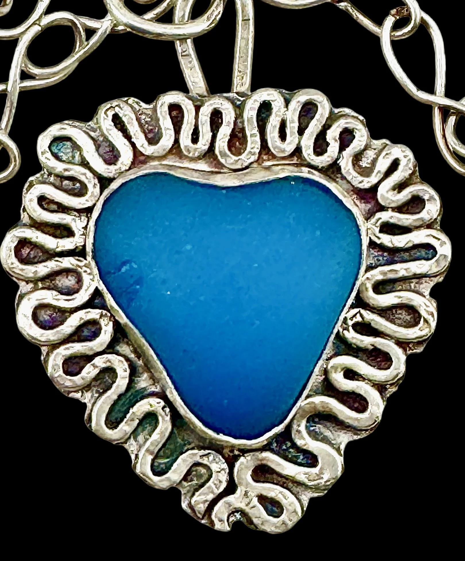 Rich blue Italian Seaglass set in patinated sterling and fine silver handmade chain