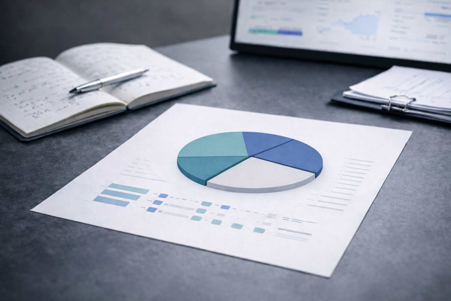 A printed sheet with a 3D pie chart, an open notebook with handwritten notes, a silver pen, a computer monitor displaying graphs, and a clipboard with papers on a gray desk.