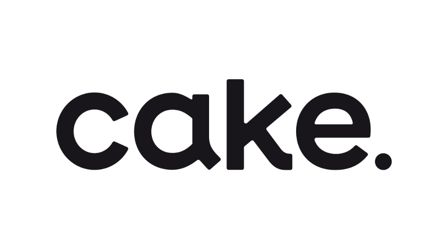The word 'cake' written in bold, black letters with a period at the end.