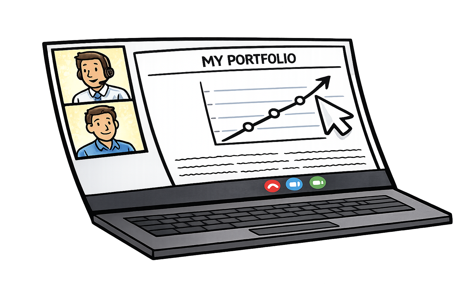 Online video call on a laptop showing a portfolio with a graph trending upward and two face icons of the callers.