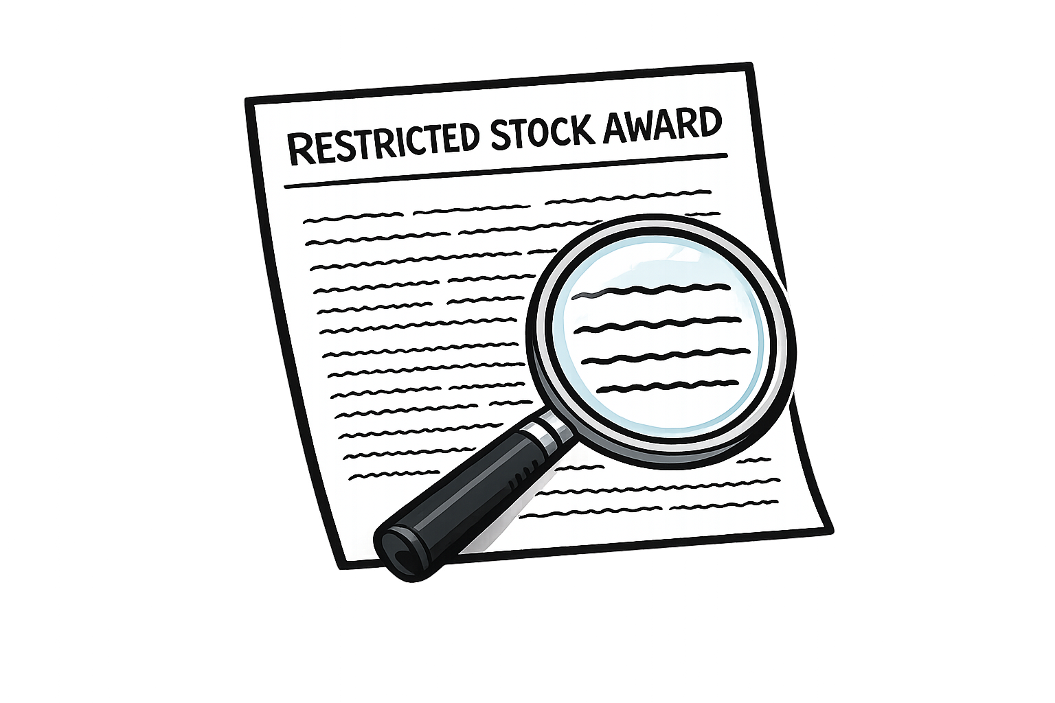 A document titled 'Restricted Stock Award' with a magnifying glass on top, focusing on the text.