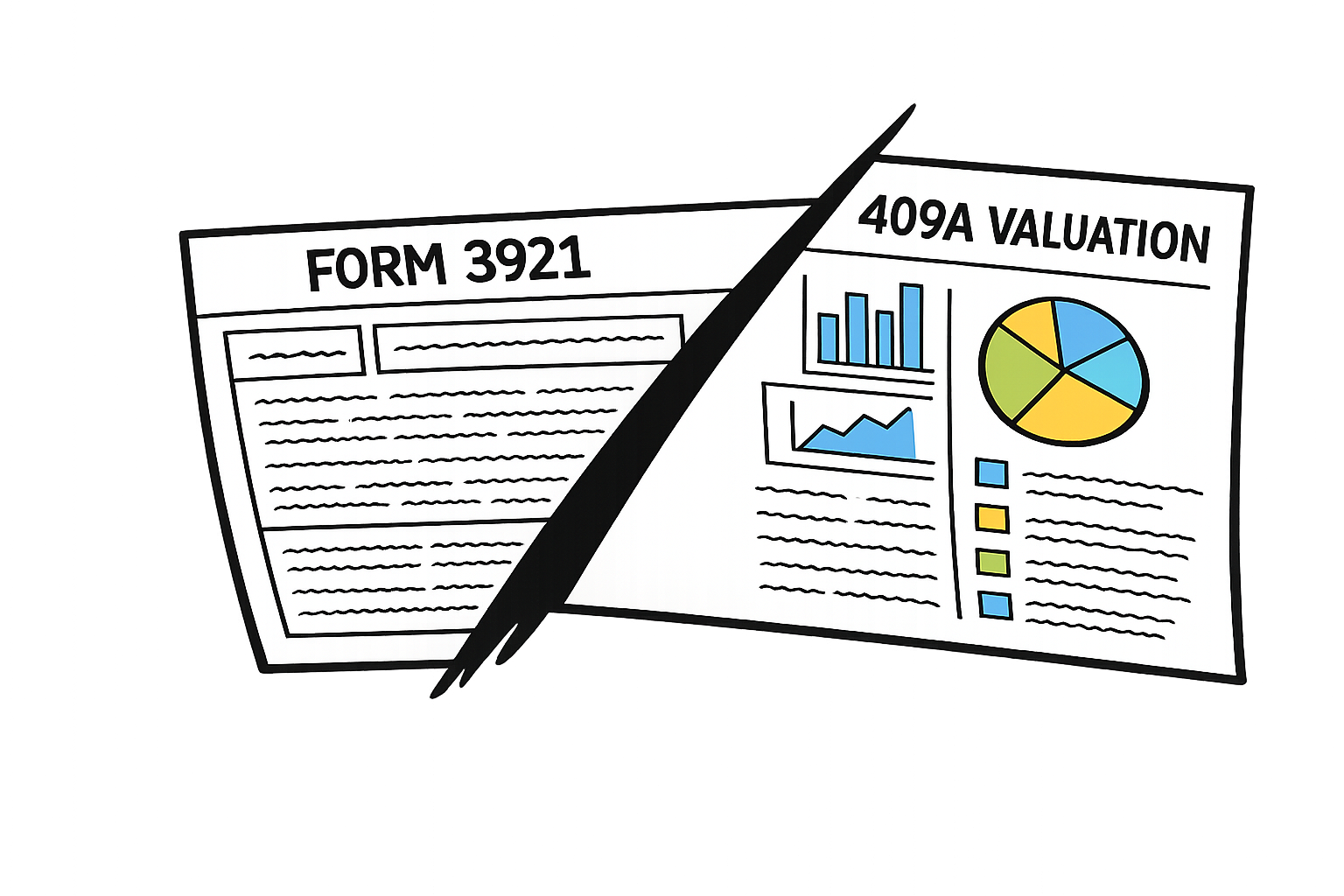 Illustration of two documents, one titled 'Form 3921' with text, and the other titled '409A Valuation' showing charts and pie graphs.