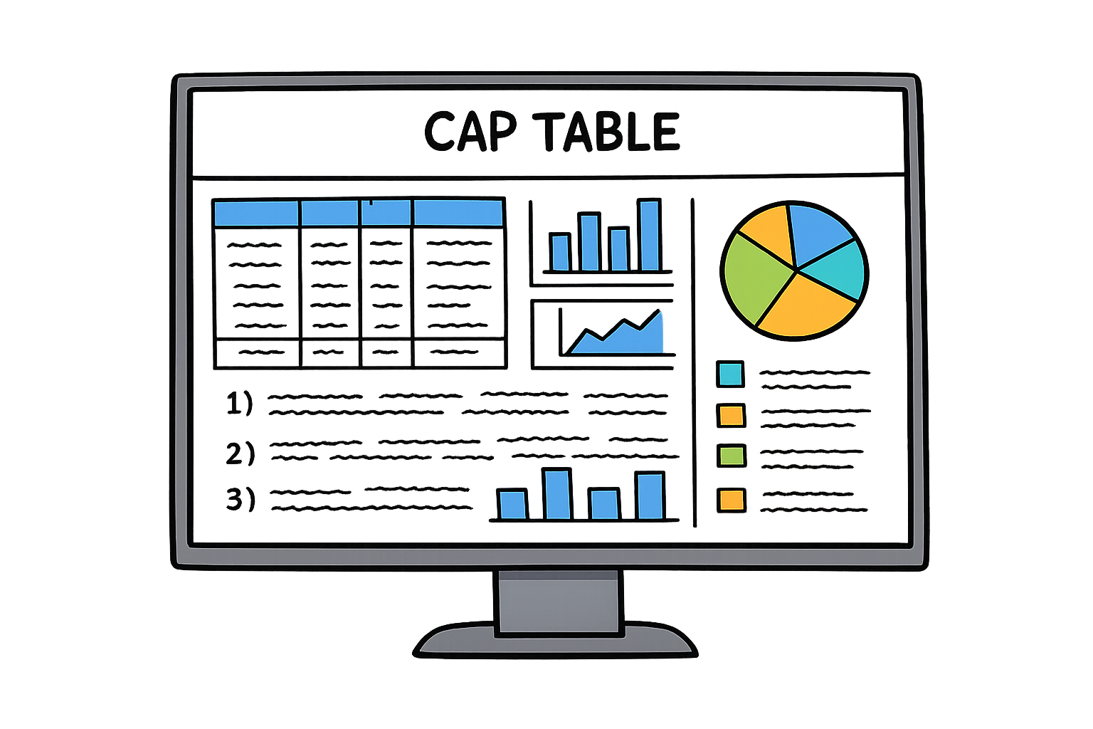 A computer monitor displaying a dashboard with data visualizations, including bar graphs, line charts, and a pie chart, labeled 'CAP TABLE'. The dashboard has colorful elements and sections with text and numbers.