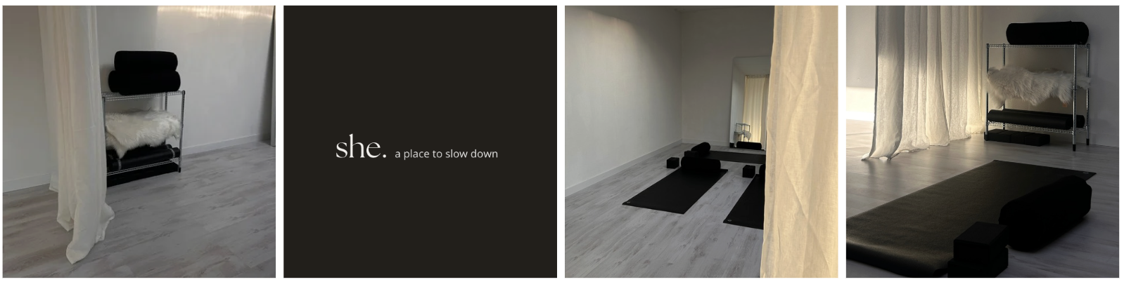 Een minimalistische yoga- of meditatiekamer met zwarte en witte accessoires, een spiegel en een zachte uitstraling.