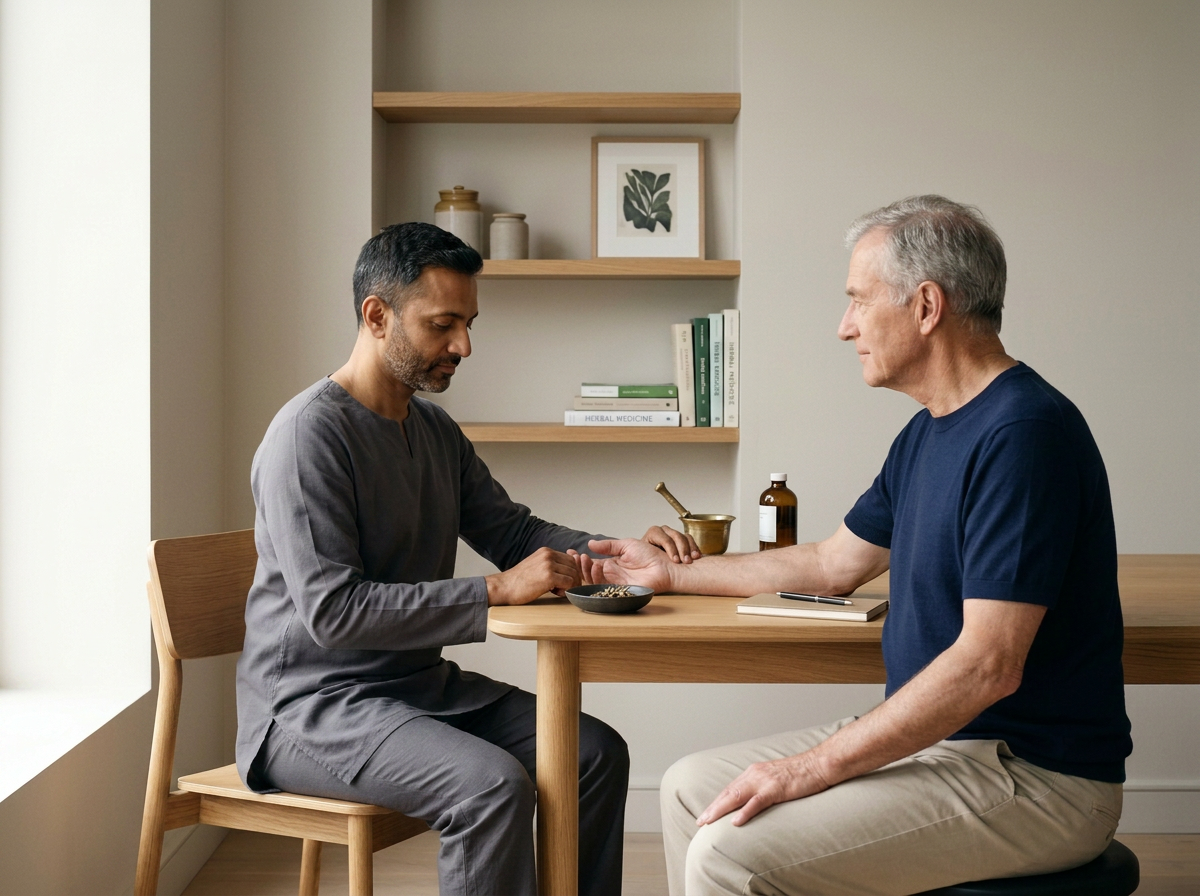 A doctor consulting with an older male patient in a clinical setting, with the doctor holding the patient's wrist and the patient sitting across the table.