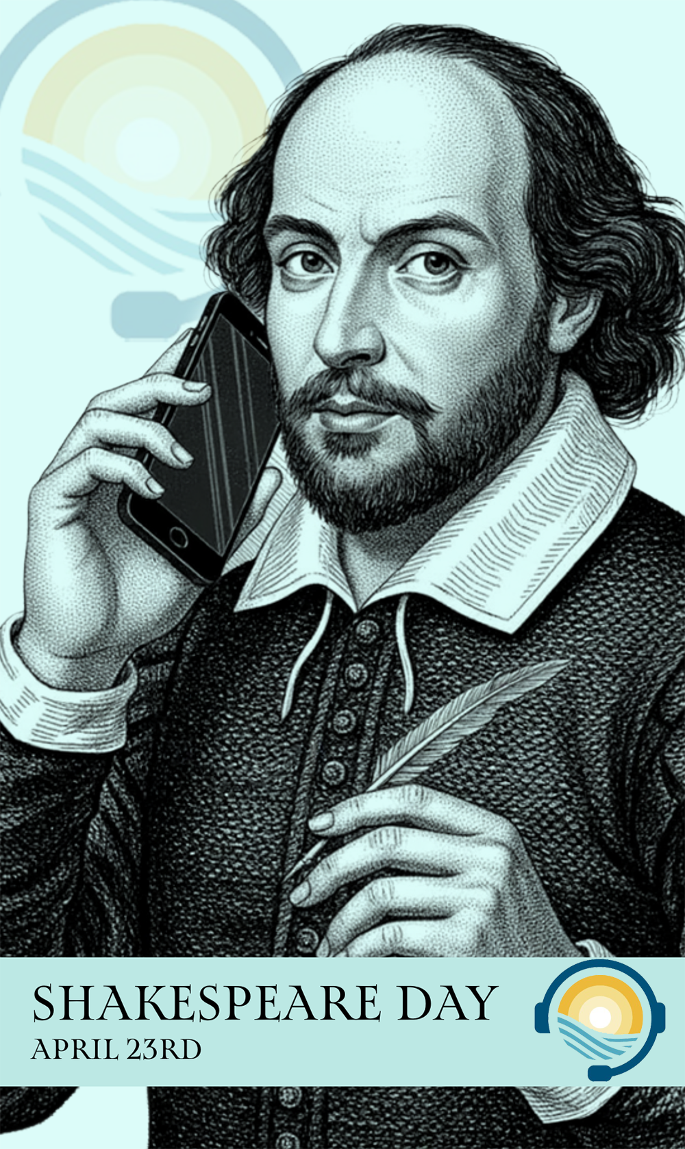 Drawing of William Shakespeare holding a cellphone - an AI generated image for Shakespeare Day