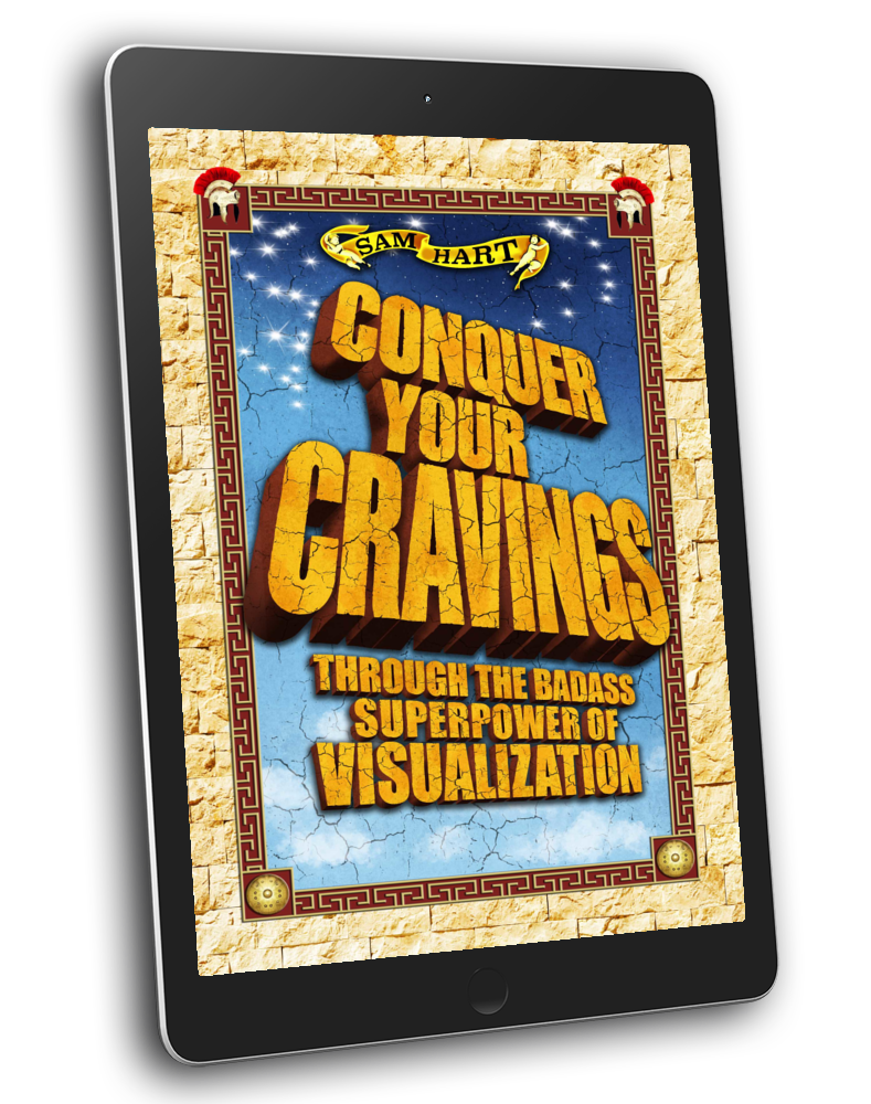 Book cover titled 'Conquer Your Cravings' by Sam Hart, with subtitle 'Through the Badass Superpower of Visualization,' featuring a decorative border and textured background.