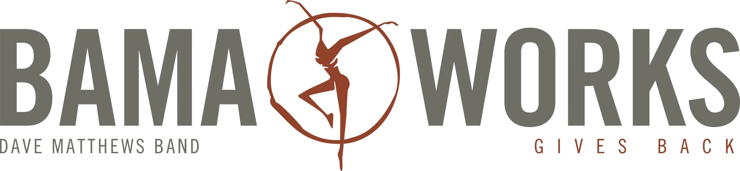Logo for Bama Works featuring a stylized dancer silhouette inside a circle with text 'Bama Works' and 'Gives Back'.