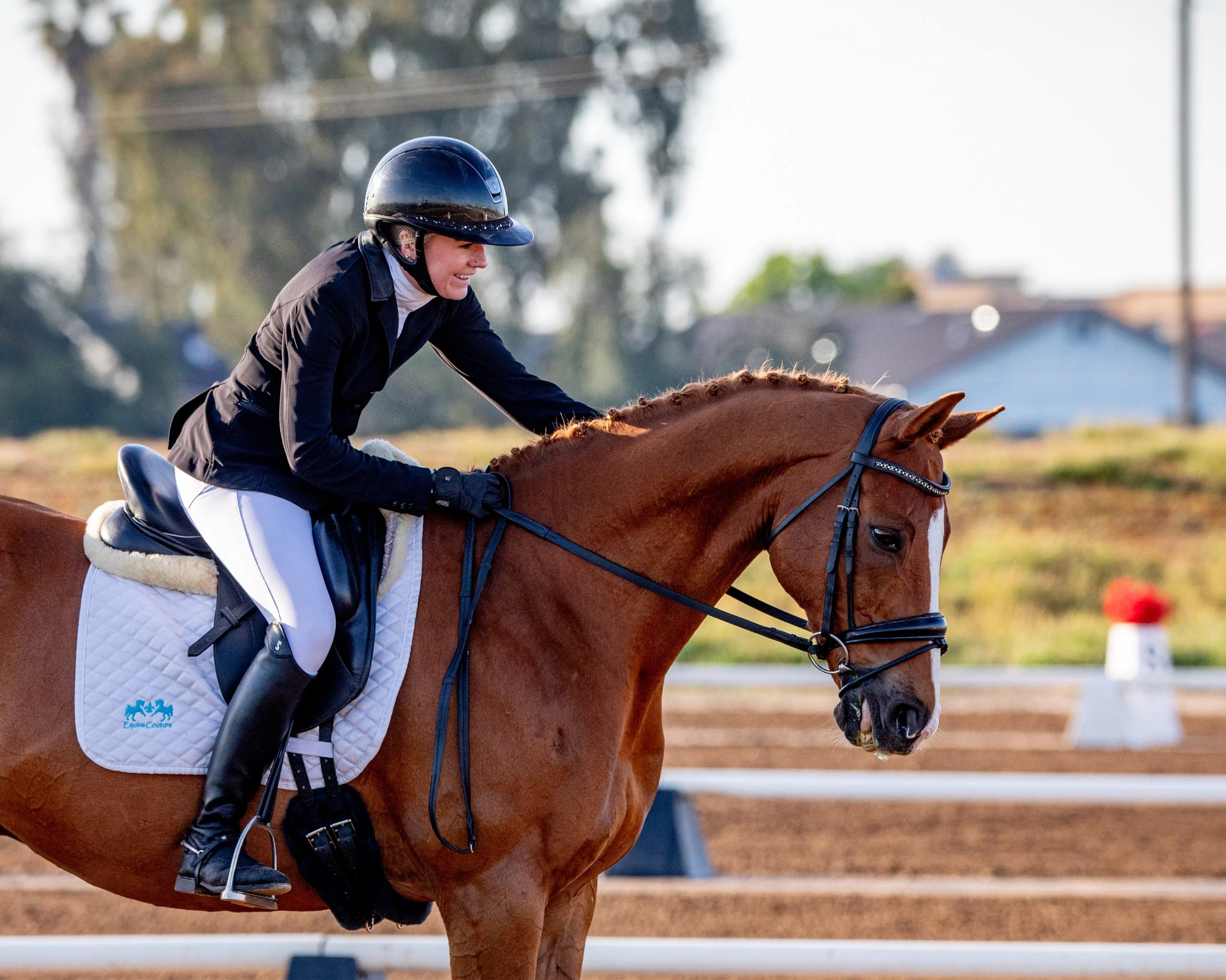 A female rider in a black helmet, black jacket, and white riding pants riding a chestnut horse with a white blaze during an equestrian event on an outdoor riding arena with trees and houses in the background.