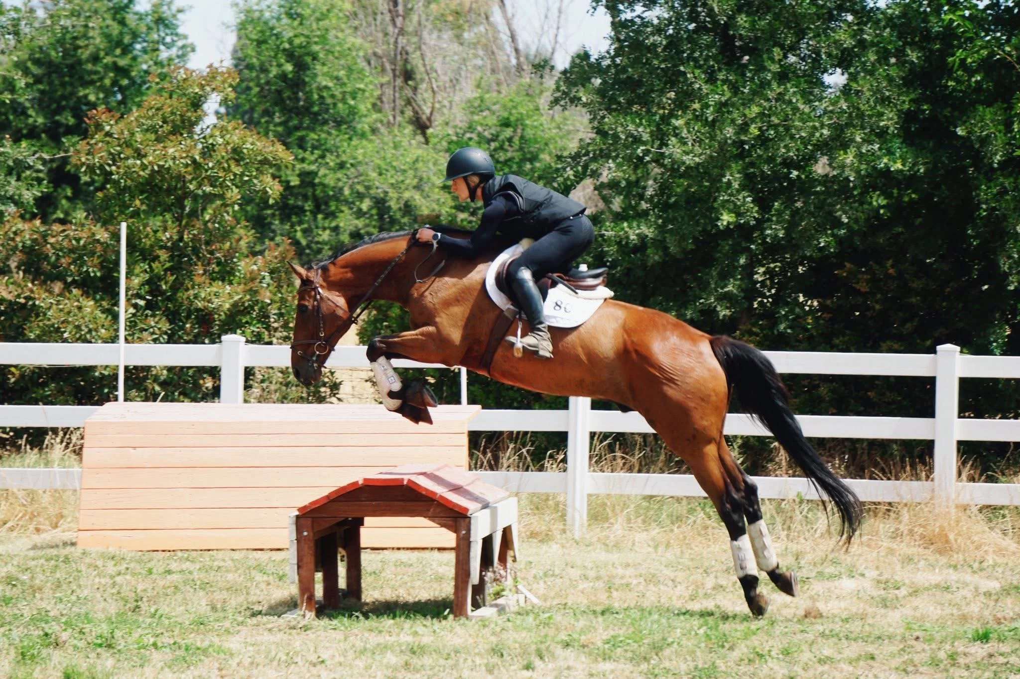 A rider in black riding gear and helmet jumping over an obstacle on a brown horse during an equestrian competition outdoors.