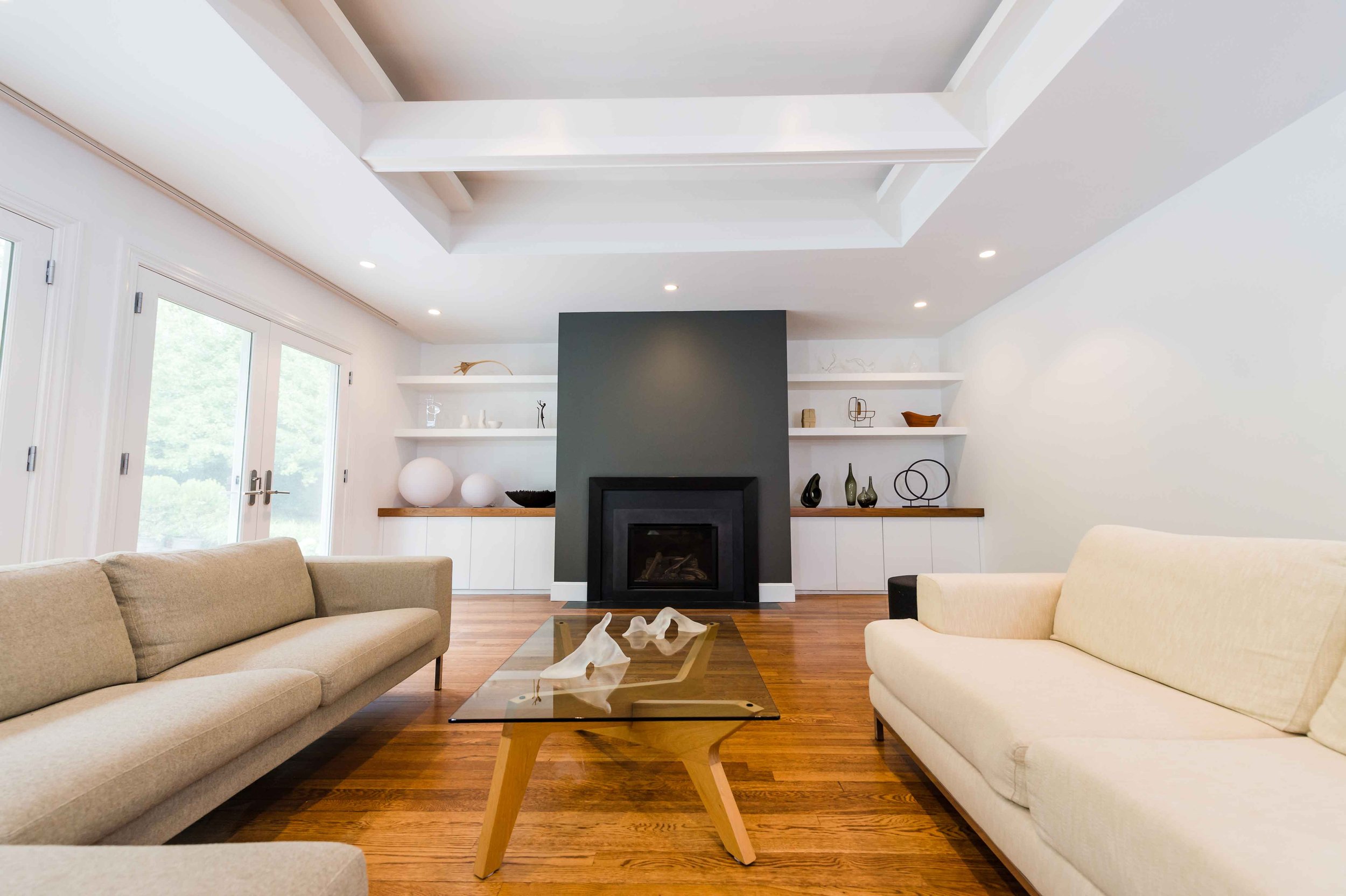 CUSTOM ART DISPLAY SHELVING, CABINETS, AND GAS FIREPLACE INSERT, CHESTNUT HILL, MA
