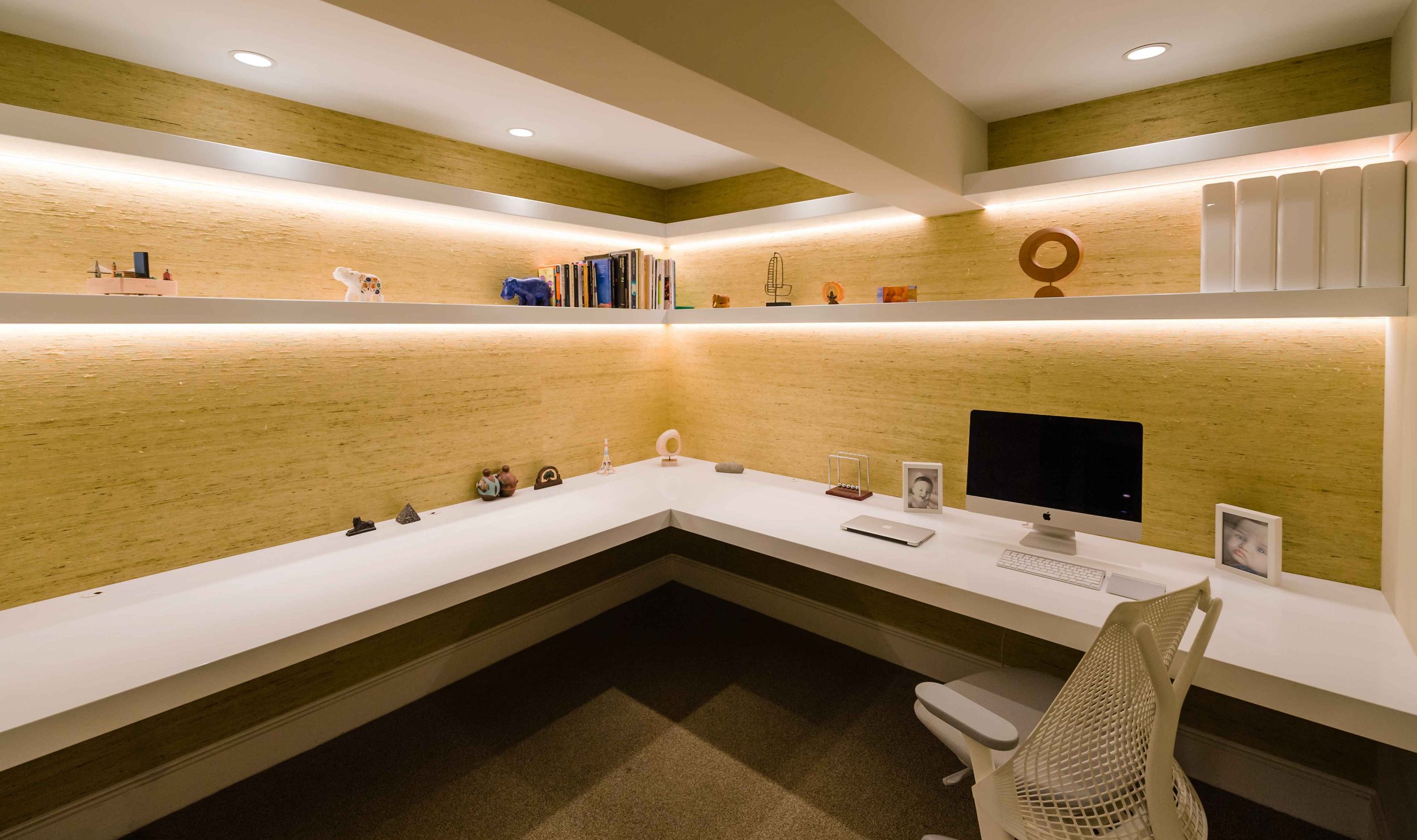 HOME OFFICE WITH FLOATING SHELVES/DESK AND GRASSCLOTH WALLPAPER, CHESTNUT HILL, MA