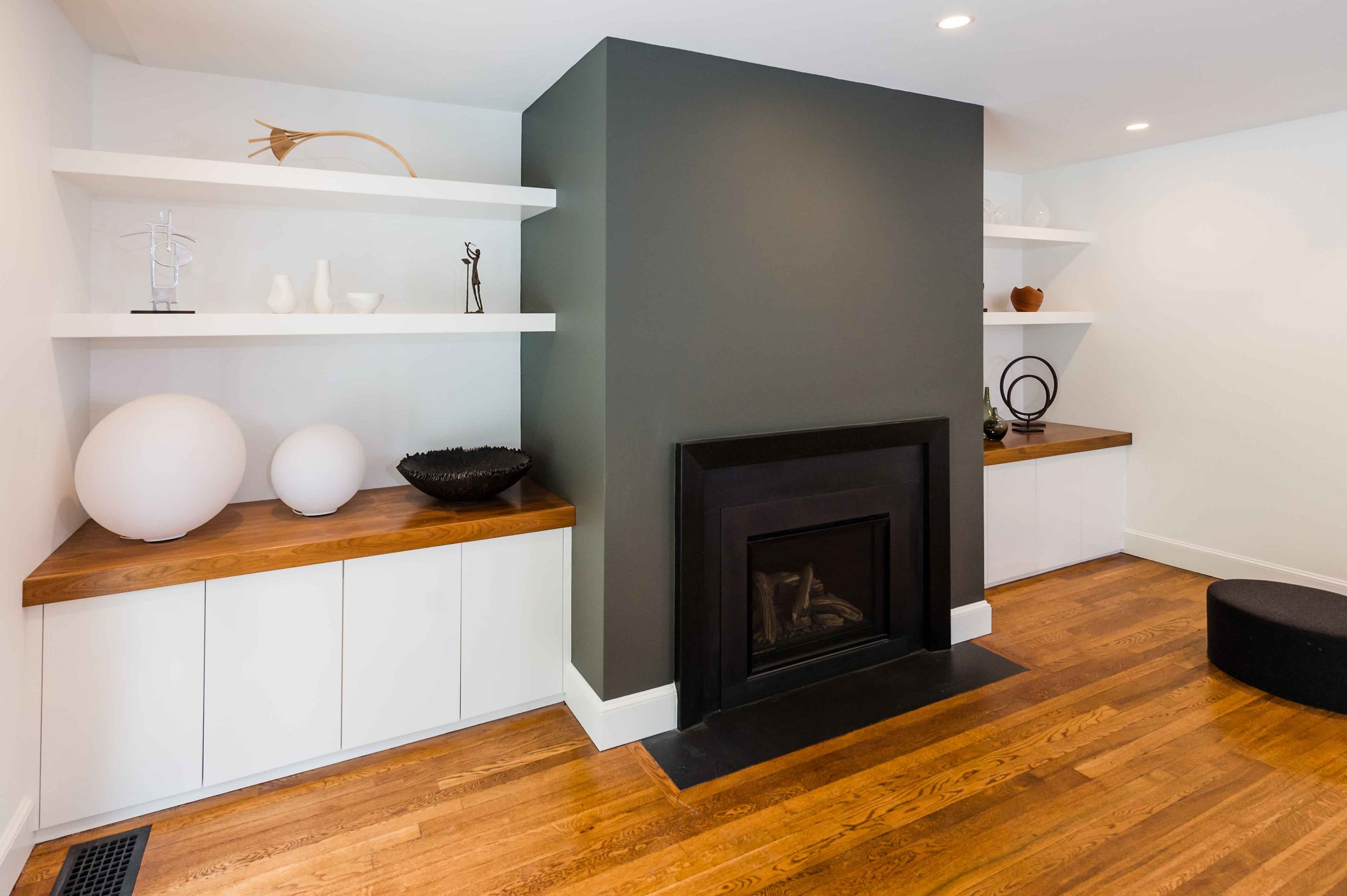 CUSTOM ART DISPLAY SHELVING, CABINETS, AND GAS FIREPLACE INSERT, CHESTNUT HILL, MA