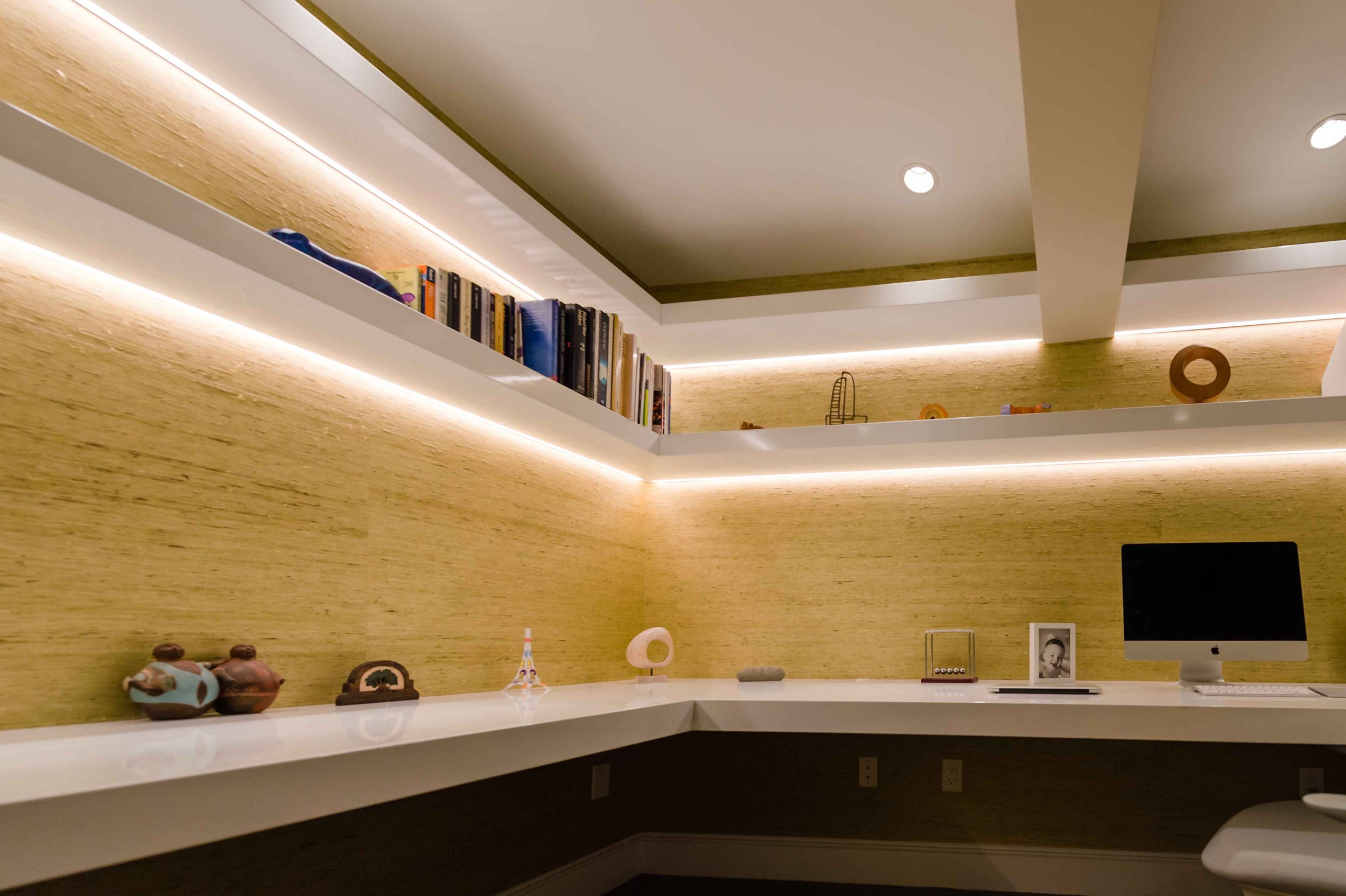 HOME OFFICE WITH FLOATING SHELVES/DESK AND GRASSCLOTH WALLPAPER, CHESTNUT HILL, MA