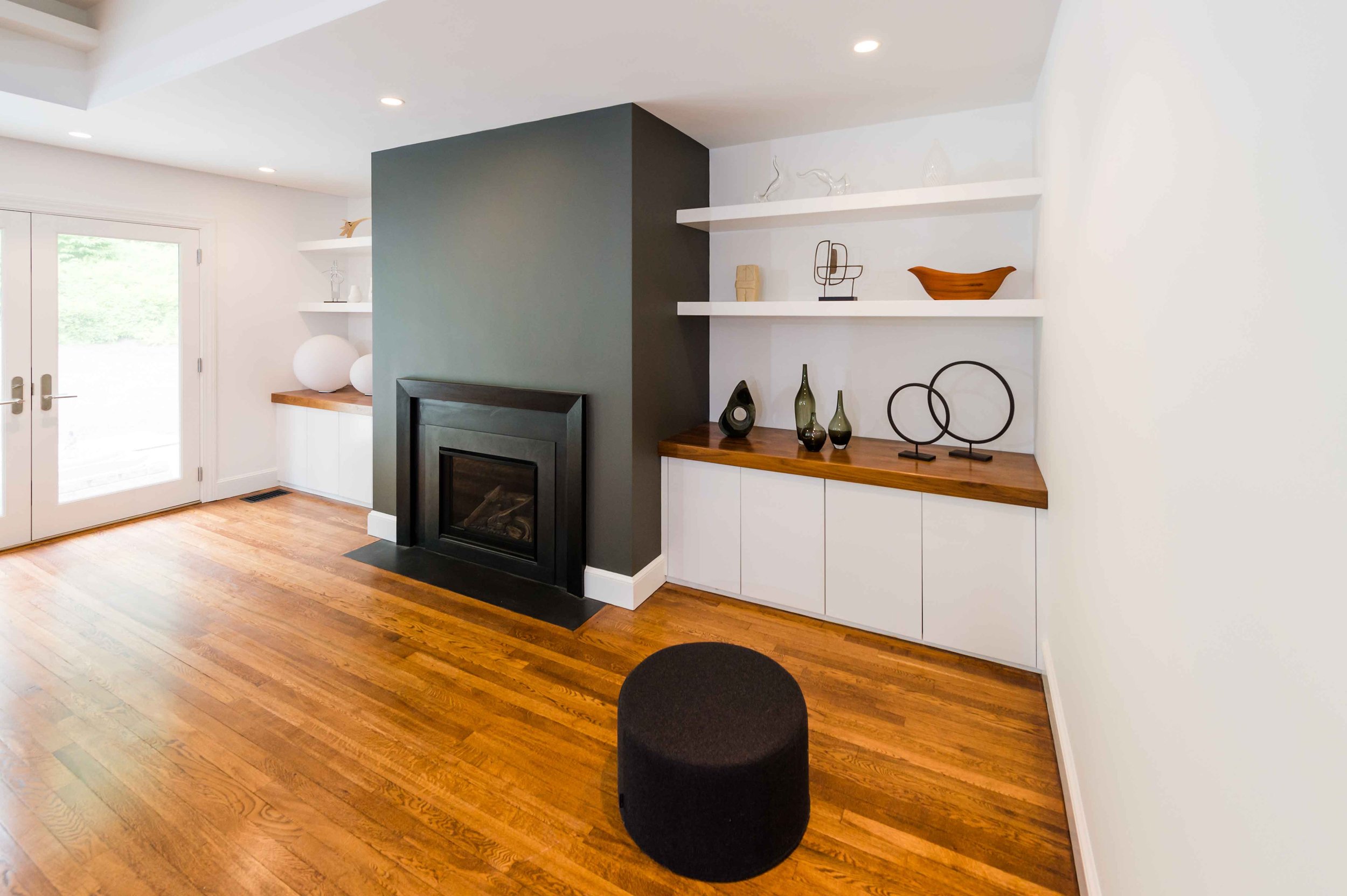 CUSTOM ART DISPLAY SHELVING, CABINETS, AND GAS FIREPLACE INSERT, CHESTNUT HILL, MA