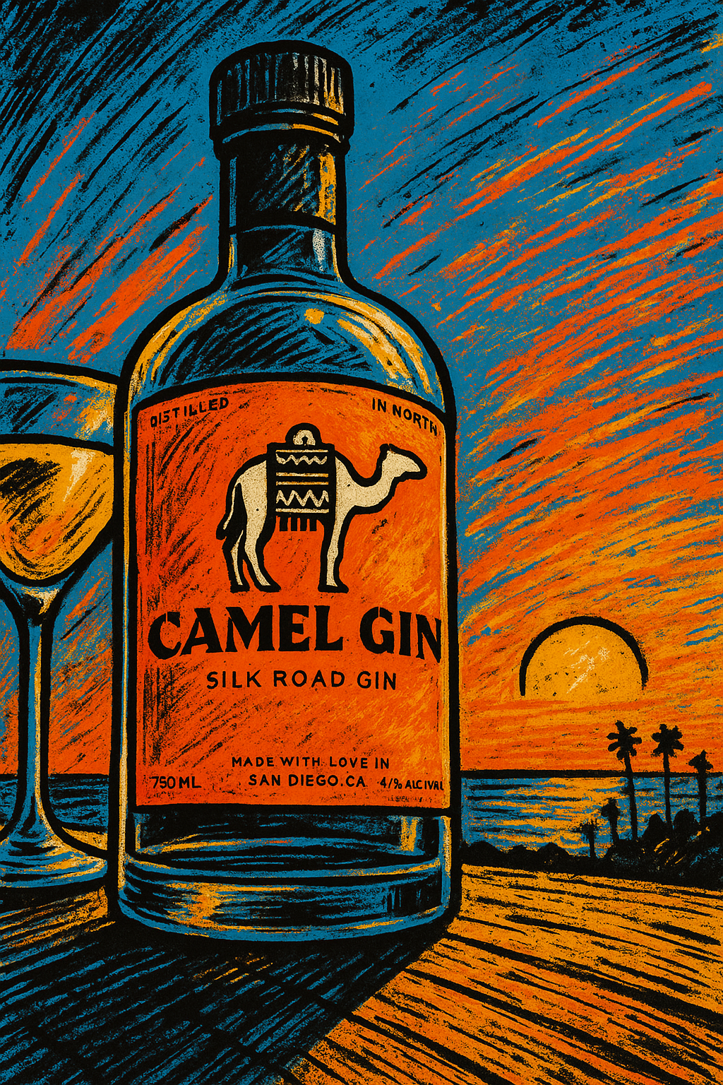 Illustration of a bottle of Camel Gin with a camel logo, set against a sunset background and palm trees.